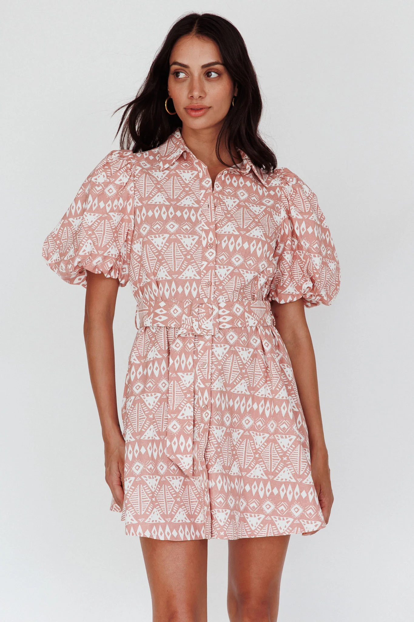 Nanette Puff Sleeve Belted Mini Dress Print Rose - Sonourner
