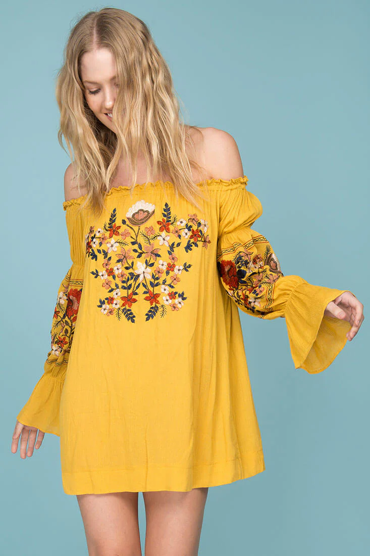 Saige Floral Day Dress Yellow Mustard - Sonourner