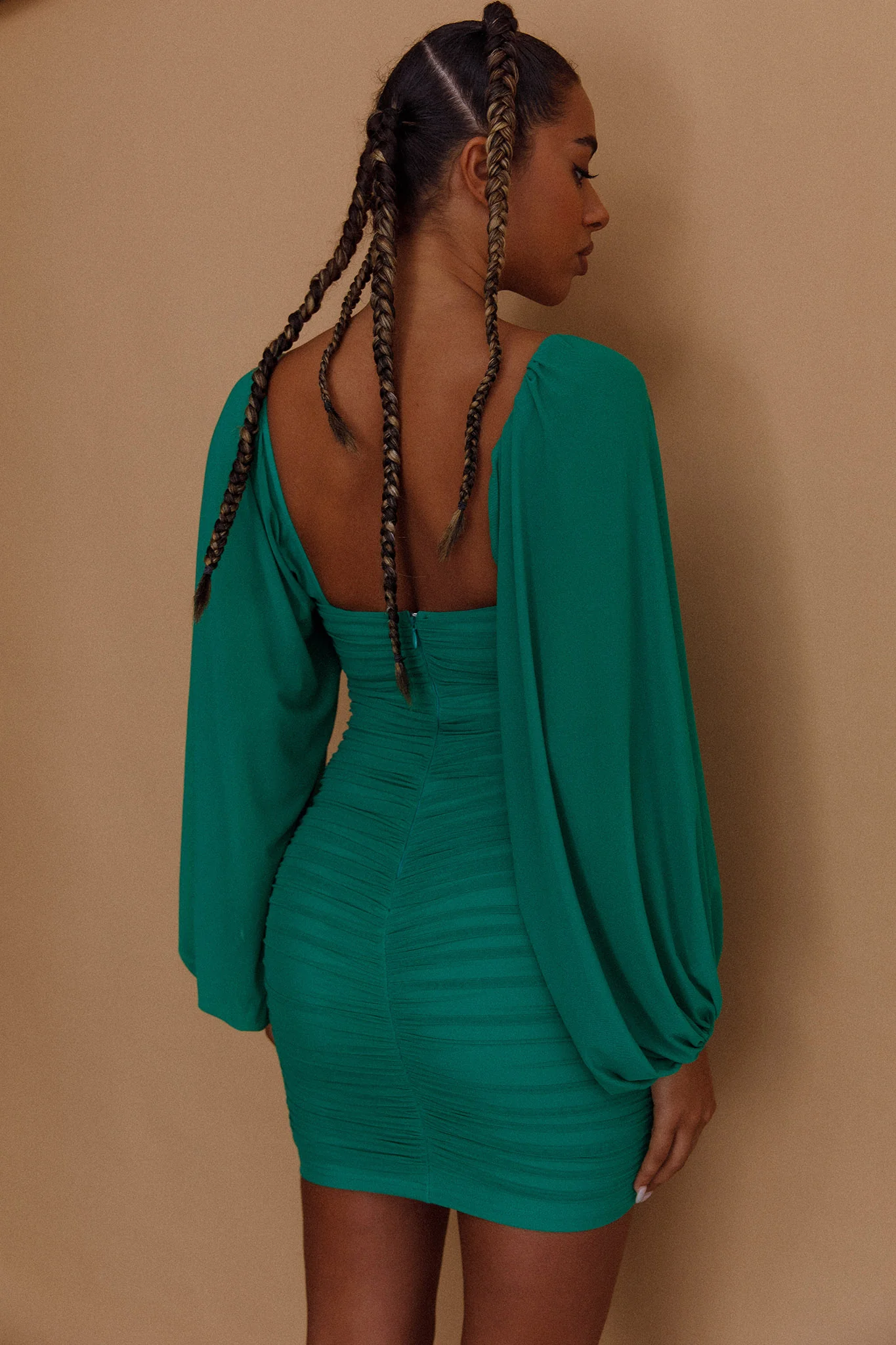 Good Vibes Long Sleeve Deep V-Neckline Ruched Mini Dress Green - Sonourner