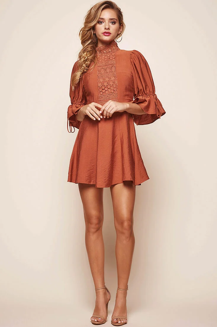 Martha High Neck Babydoll Dress Rust - Sonourner