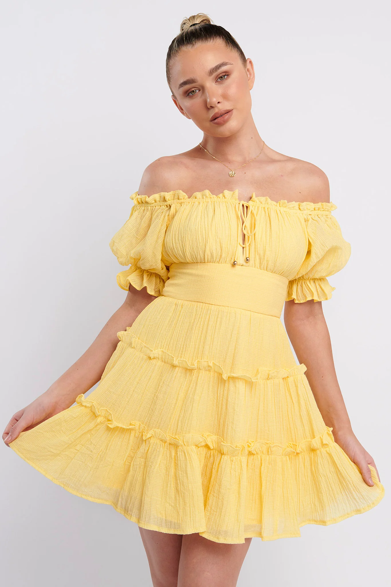 Everley Puff Sleeve Mini Dress Lemon - Sonourner