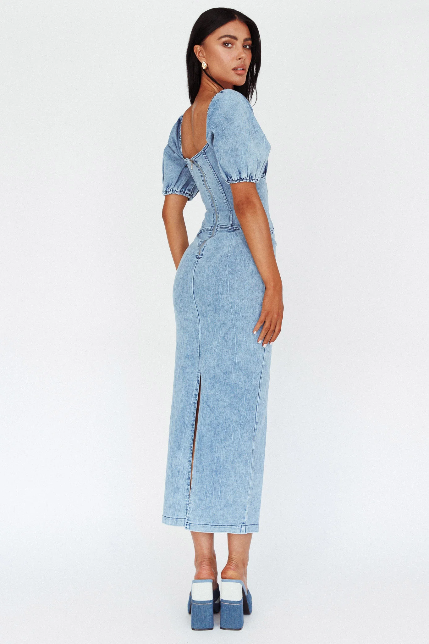 Juneau Puff Sleeve Midi Dress Denim Blue - Sonourner