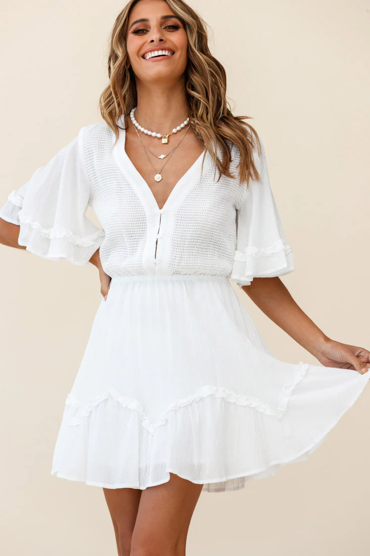 Play It Again Bust Placket Mesh Detail Dress White - Sonourner