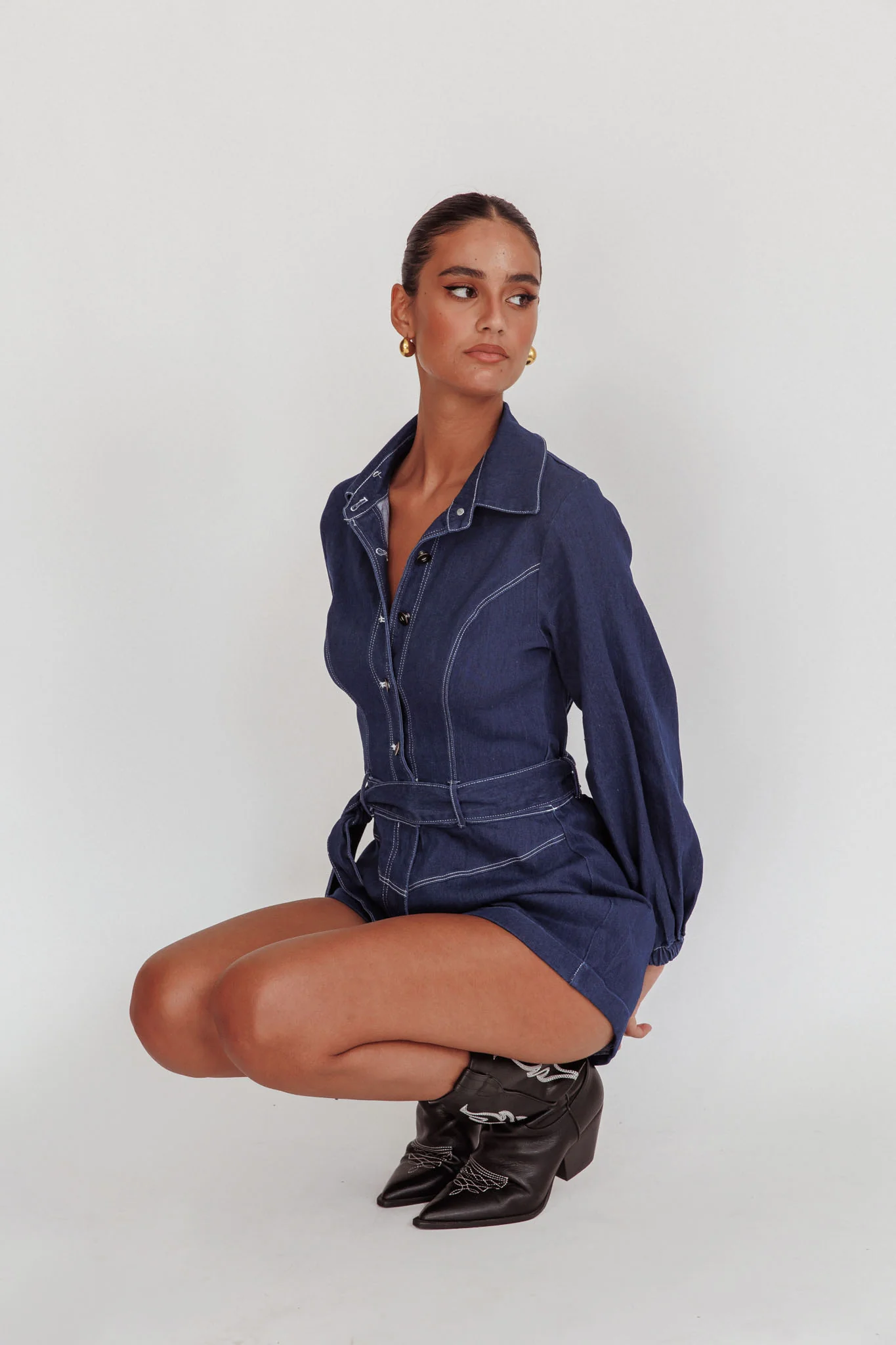 New Day Long Sleeve Button-Up Romper Indigo - Sonourner