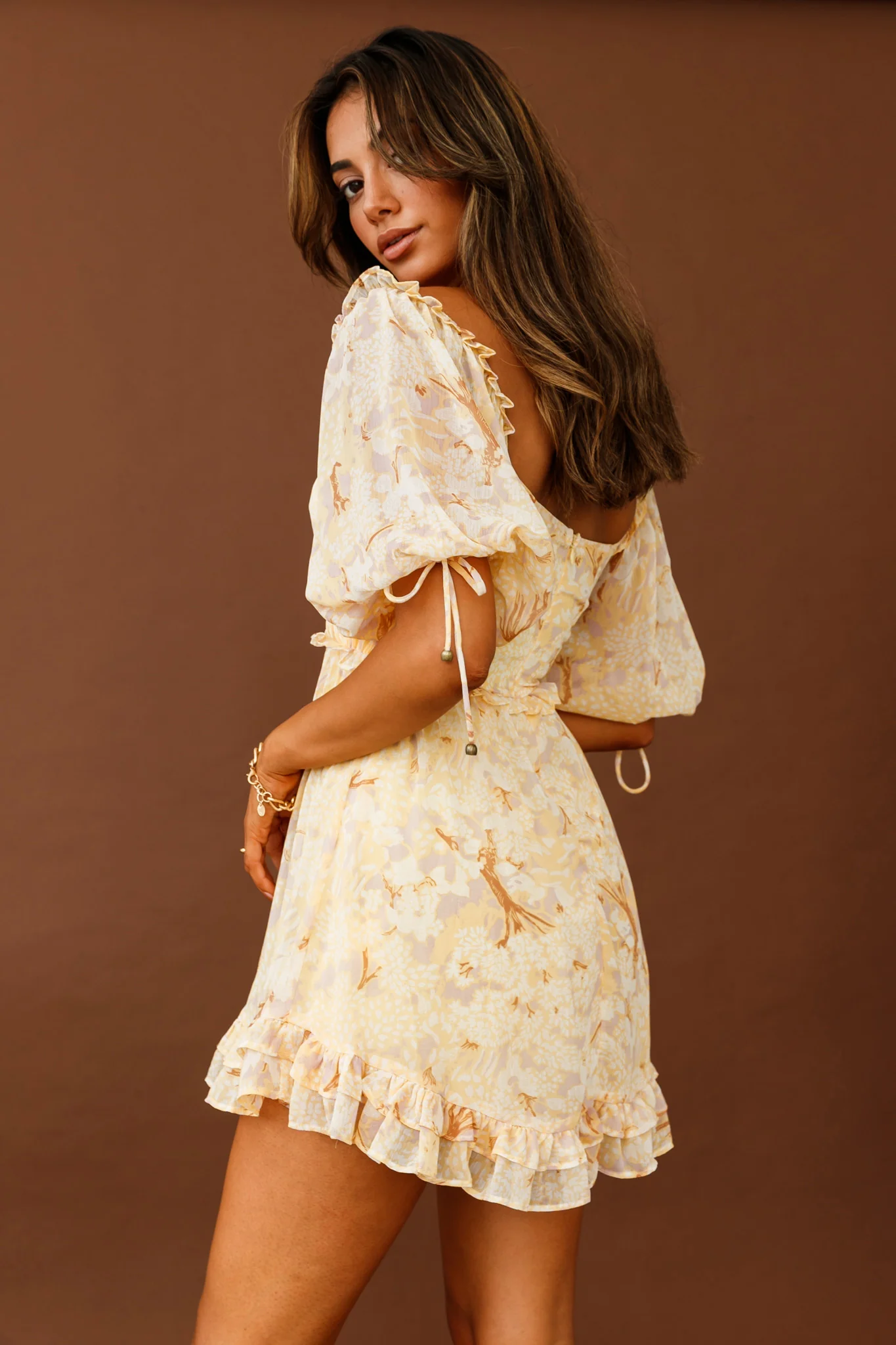 Kirra Puff Sleeve Ruched Bodice Dress Botanic Print Yellow - Sonourner