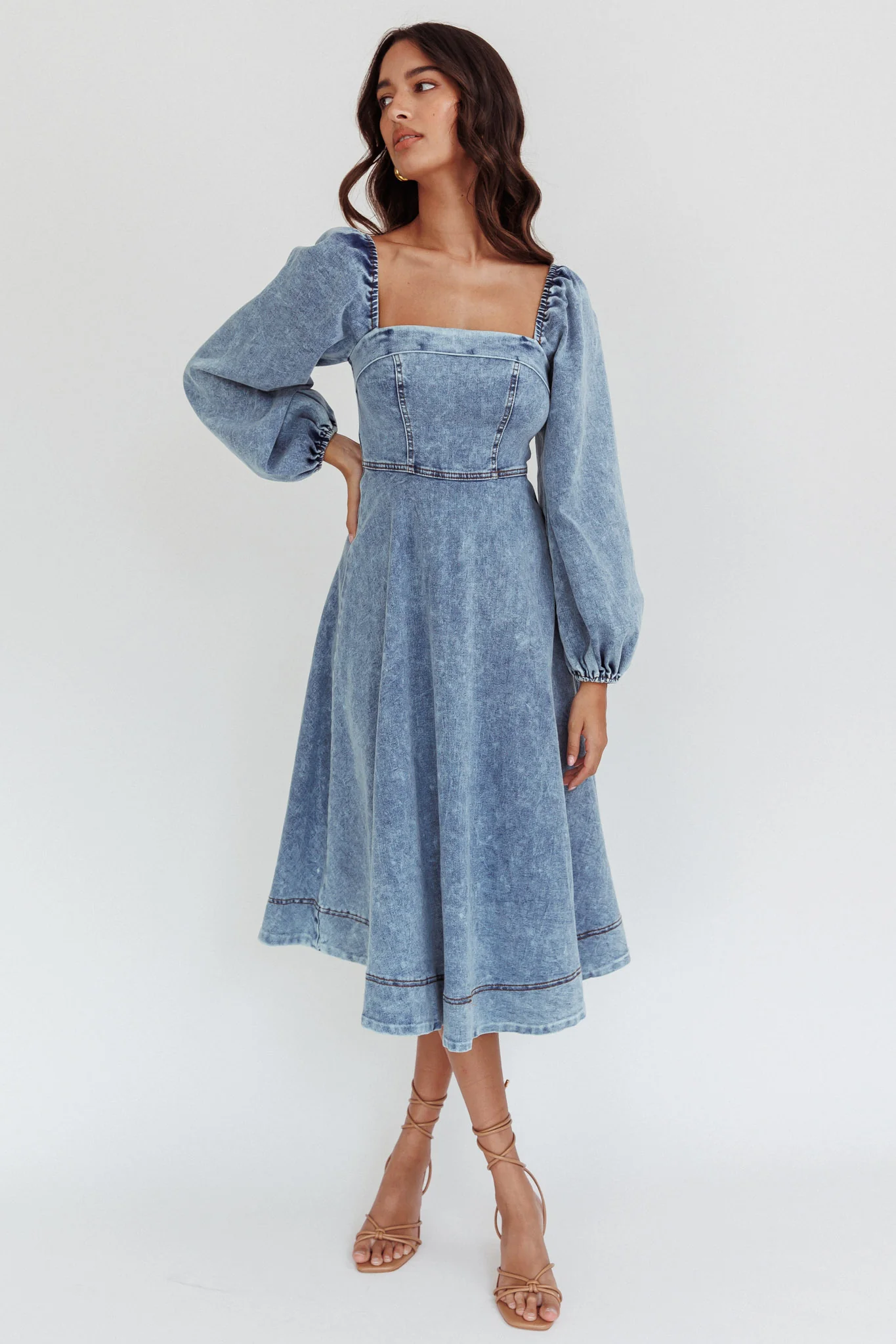 Jeanie Long Sleeve Midi Dress Denim Blue - Sonourner