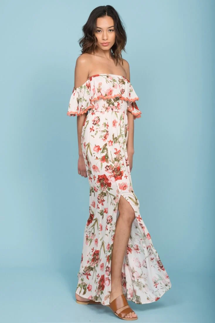 Tuscany Off The Shoulder Maxi Dress White & Red - Sonourner