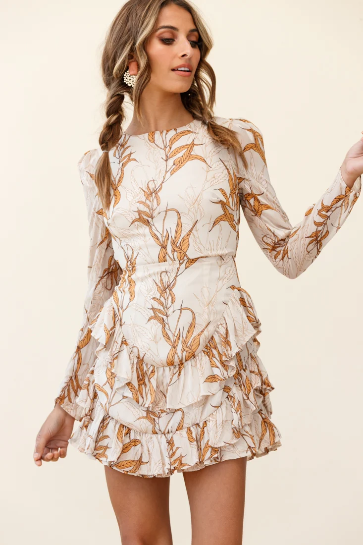 Liz Long Sleeve Double Ruffle Dress Leaf Print Beige - Sonourner