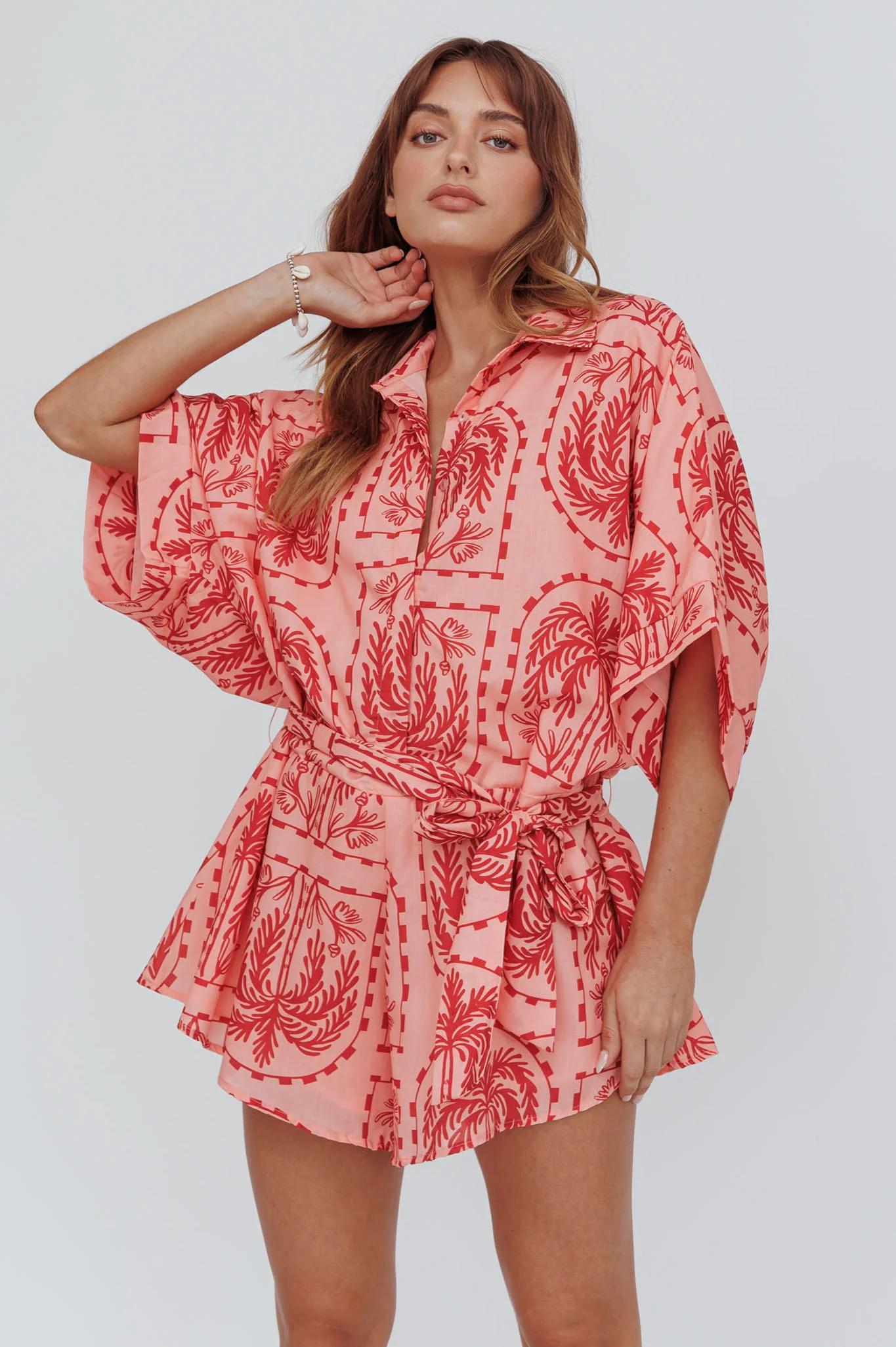 Daytona Beach Button-Up Romper Print Peach - Sonourner