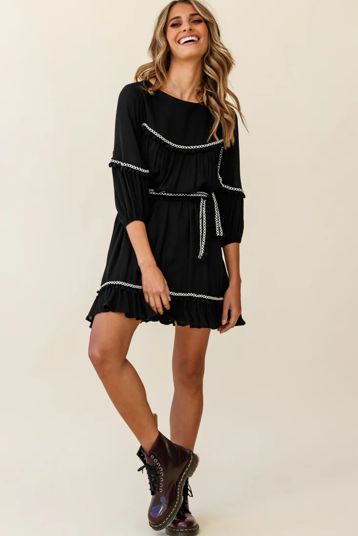 Marionette Three-Quarter Sleeve Pom-Pom Dress Black - Sonourner
