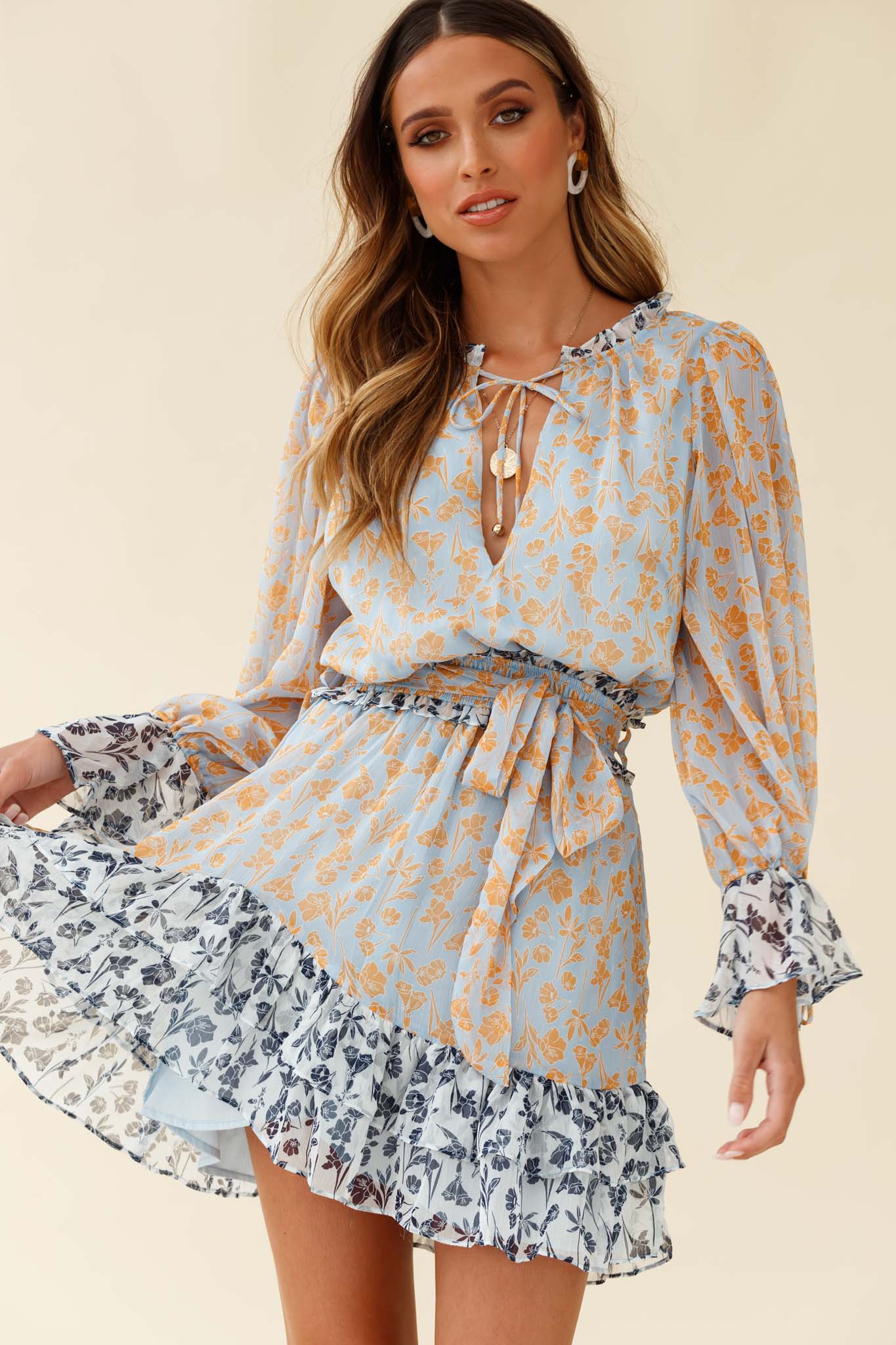 Prague Long Sleeve Ruffle Hem Dress Floral Print Blue/Orange Multi - Sonourner