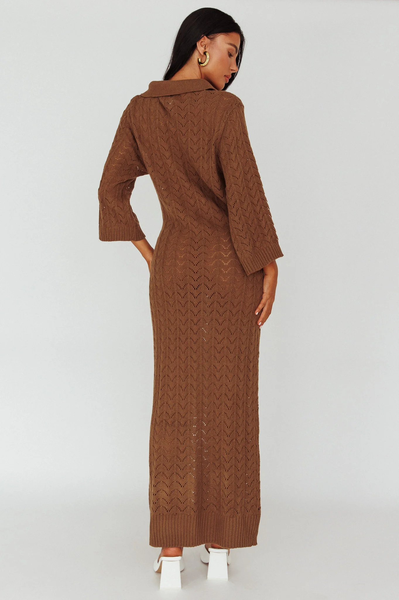 Alouette 3/4 Sleeve Crochet Midi Dress Cocoa - Sonourner