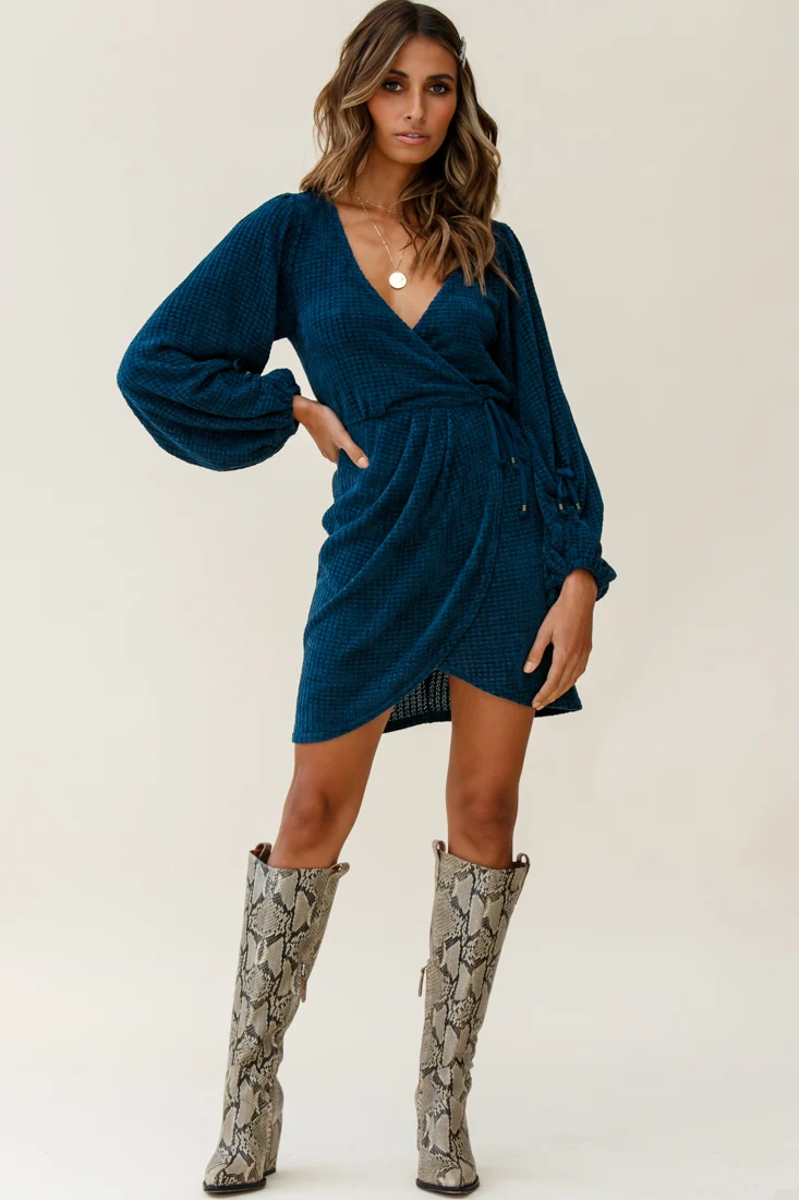 Make Way Balloon Sleeve Wrap Dress Teal - Sonourner