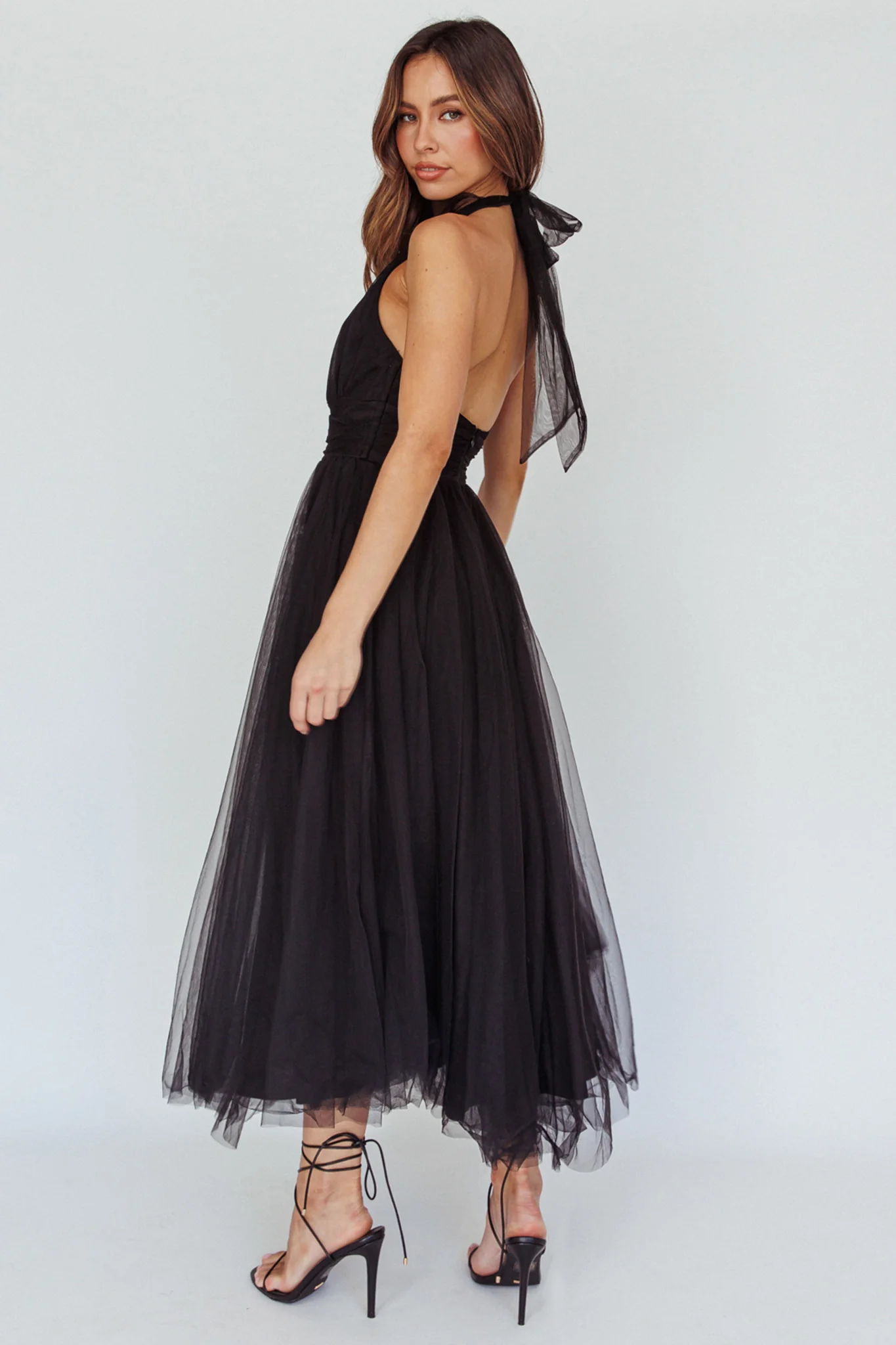 Andria Halterneck Tulle Midi Dress Black - Sonourner