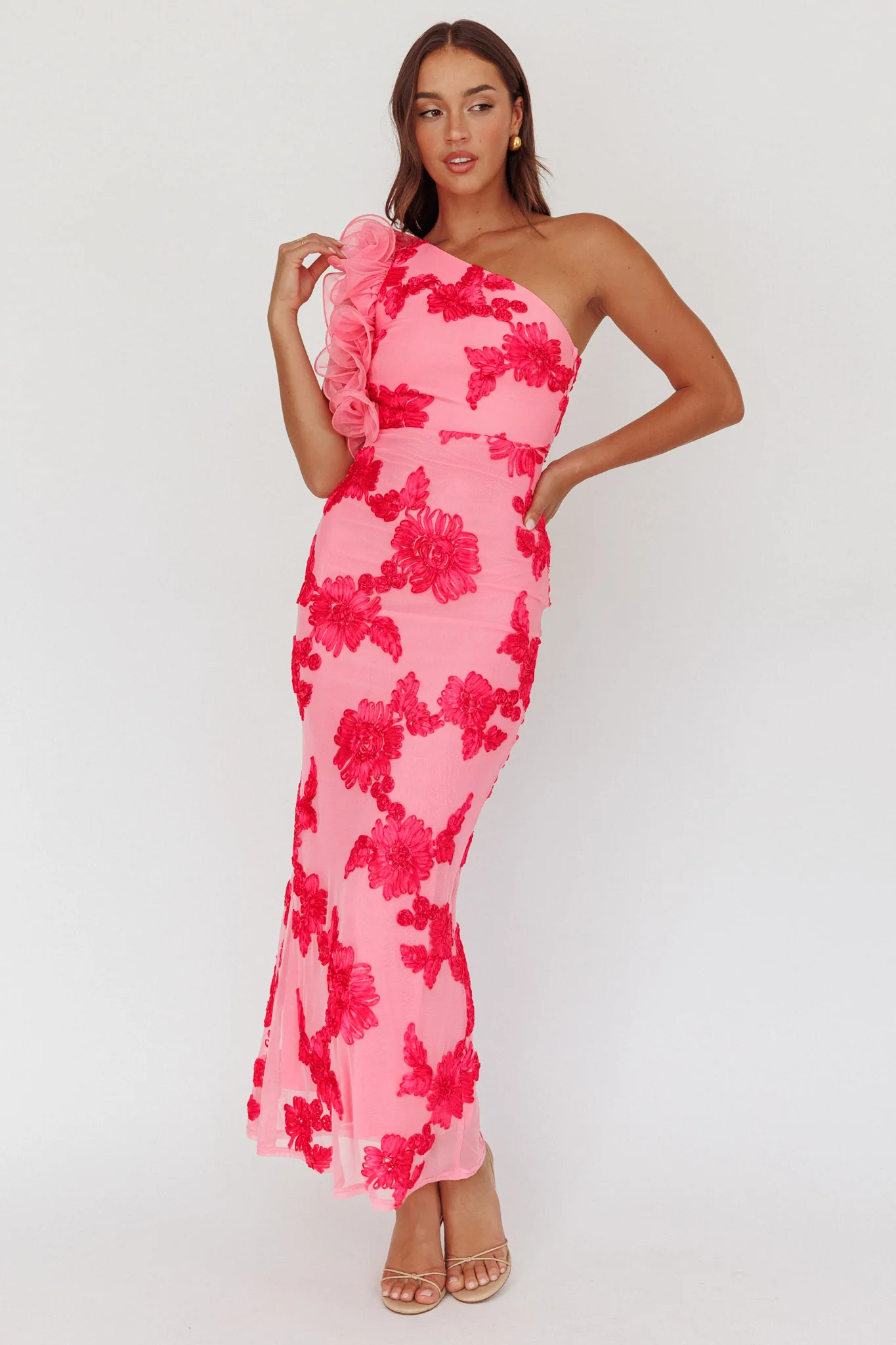 Deanna One-Shoulder Ruffle Maxi Dress Floral Pink - Sonourner