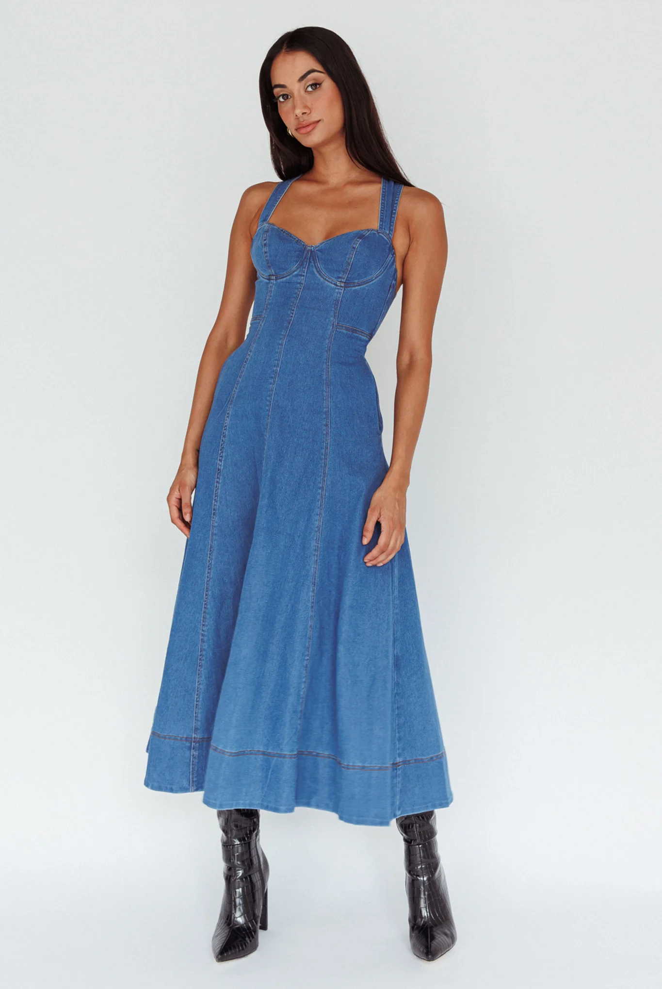 Ellora Criss-Cross Back Denim Maxi Dress Navy - Sonourner