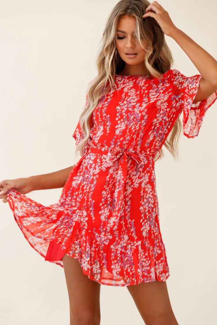 Azealia Ruffle Hem Dress Floral Spring Print Red - Sonourner