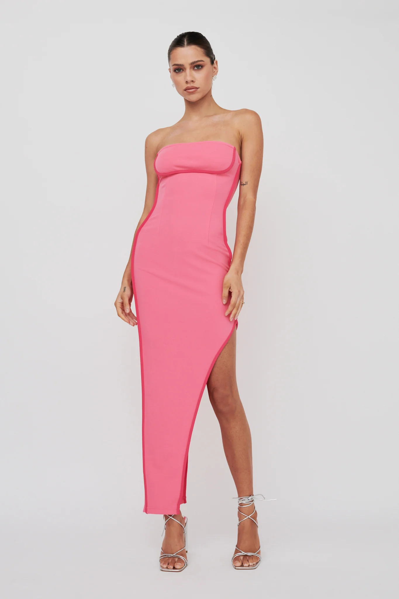 October Strapless Piping Midi Dress Hot Pink - Sonourner