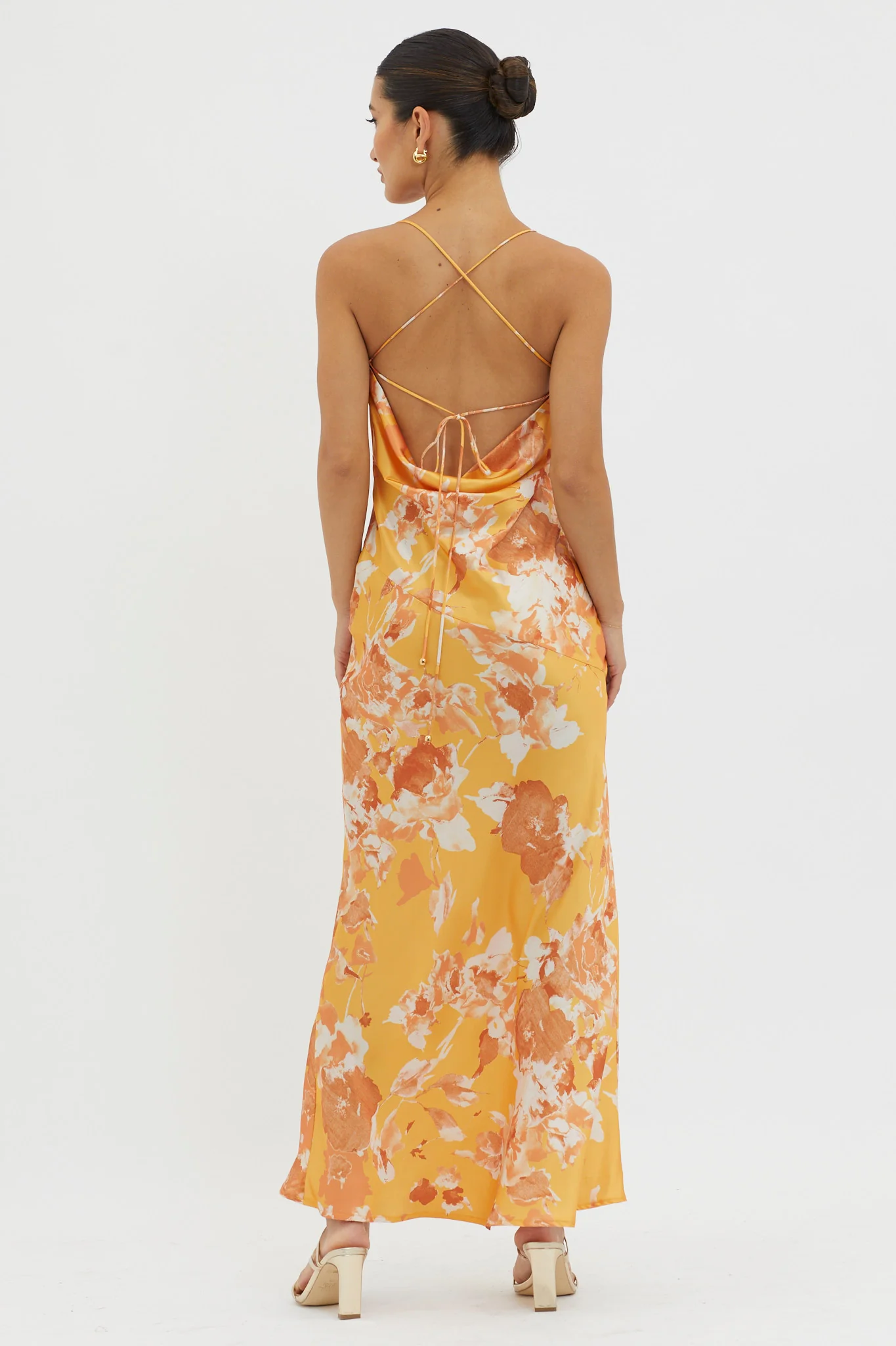 Dream Walk Cowl Back Tied Dress Print Orange - Sonourner