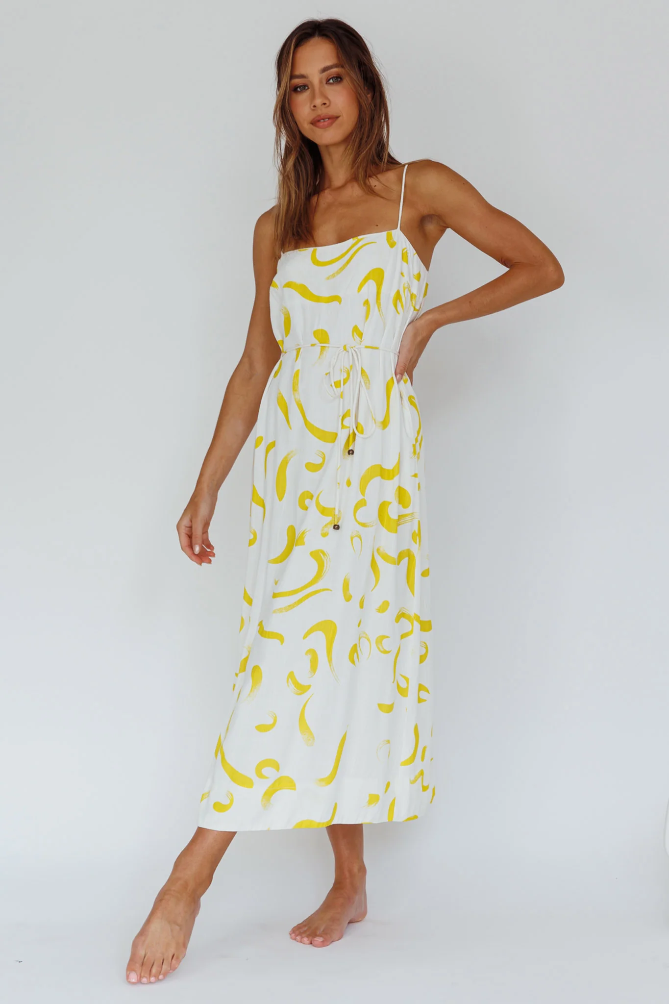 Rossy Waist Tie Midi Dress Printed Yellow - Sonourner