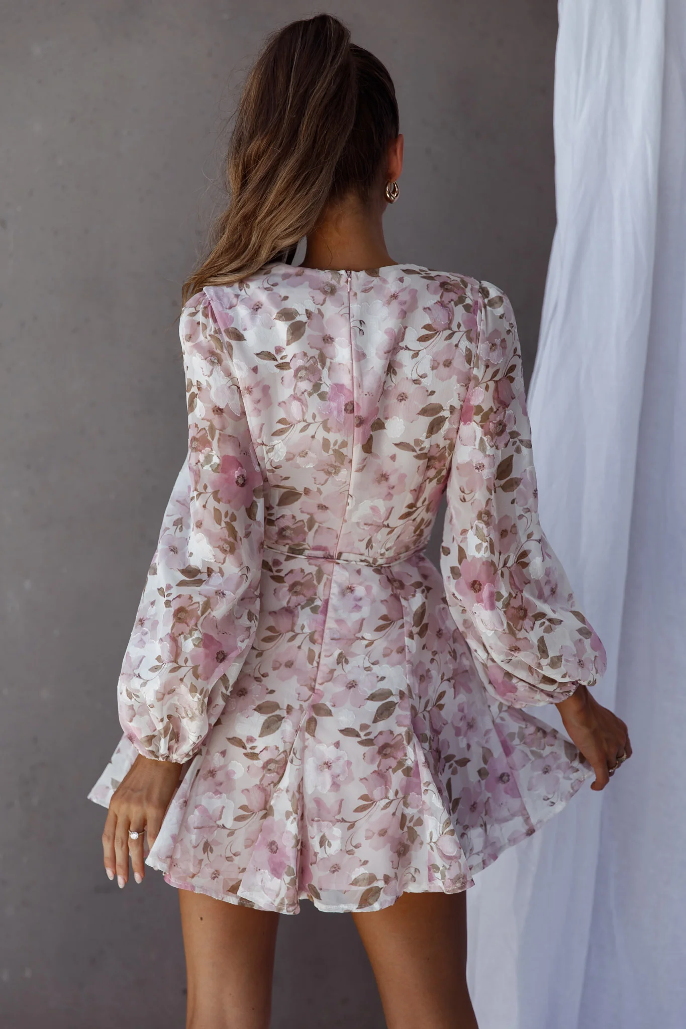 Estelle Long Sleeve V-Neckline Dress Watercolor Floral Print Rose - Sonourner
