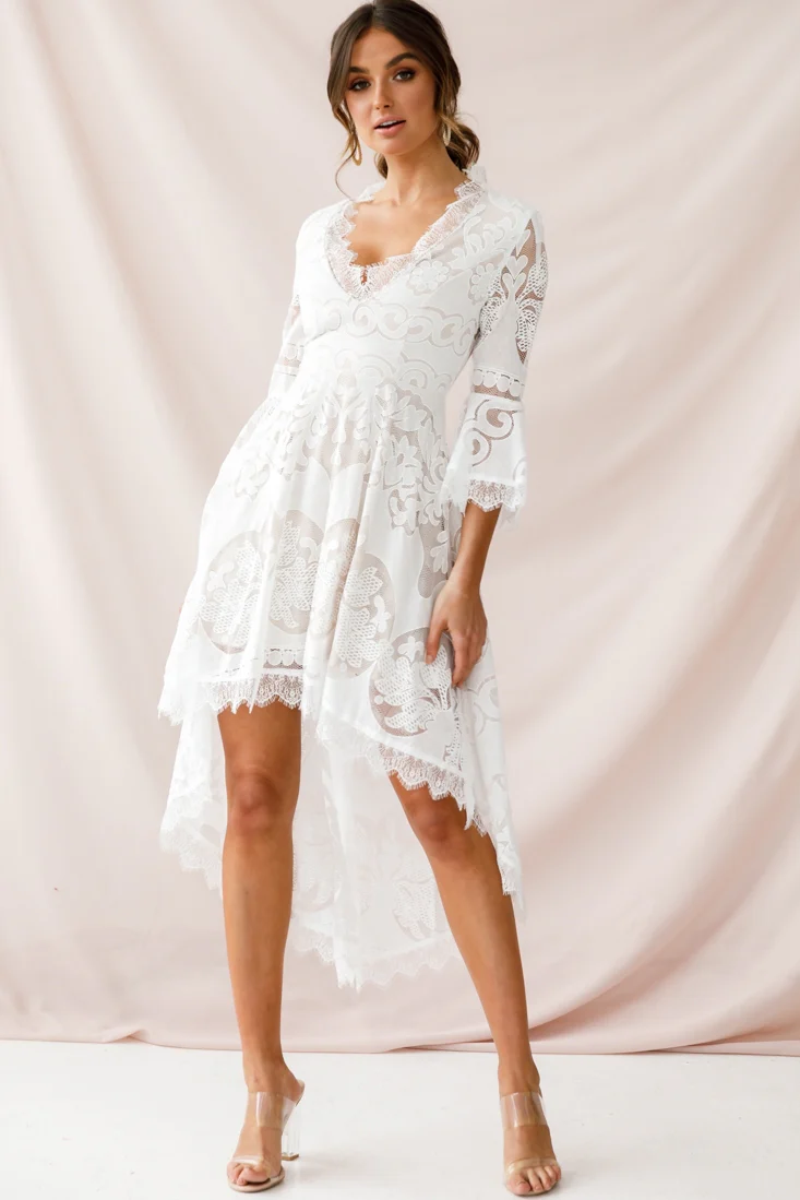 Chantilly High-Low Bell Sleeve Dress White - Sonourner