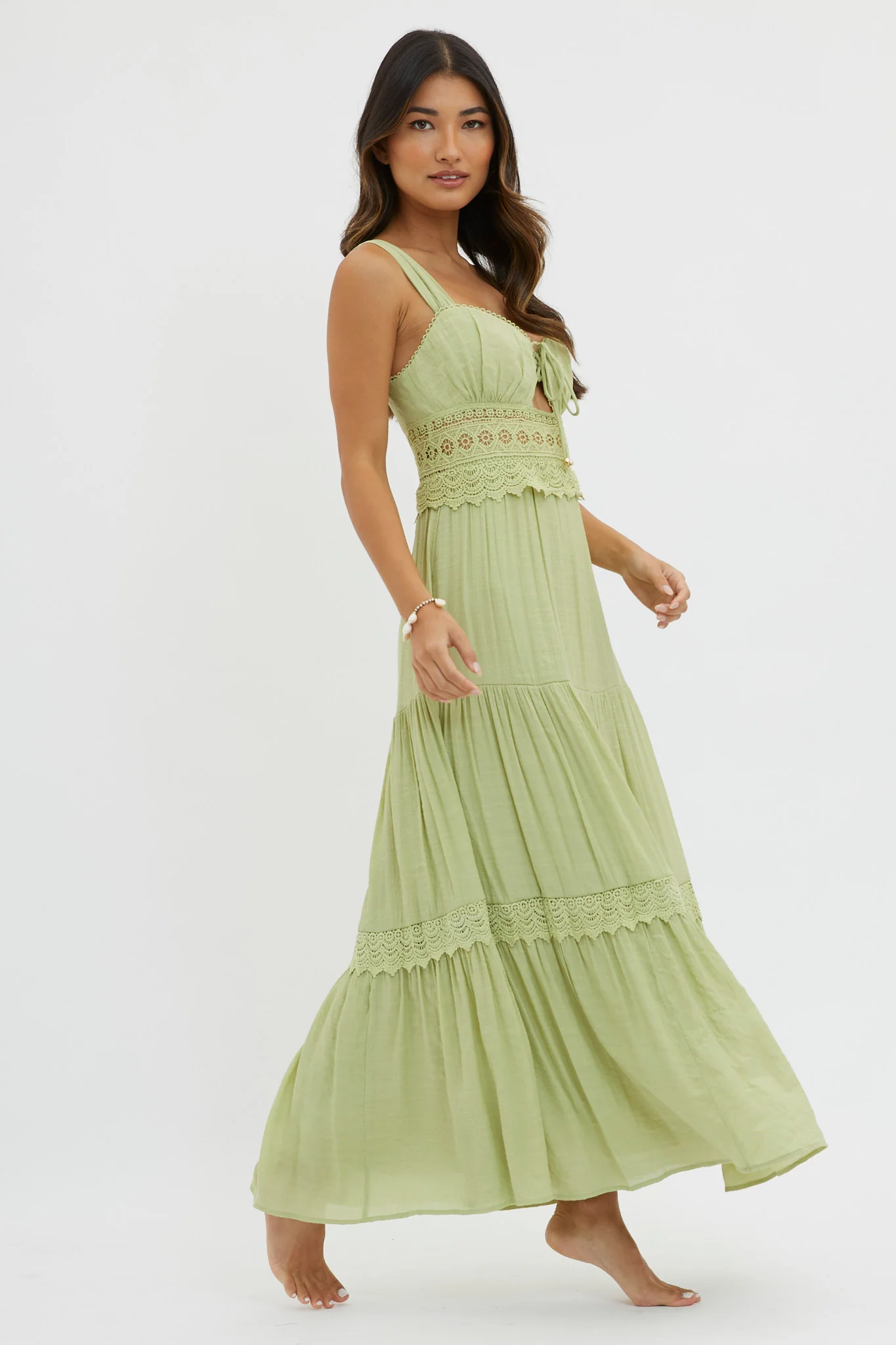Libby Crochet Lace Waist Maxi Dress Green - Sonourner