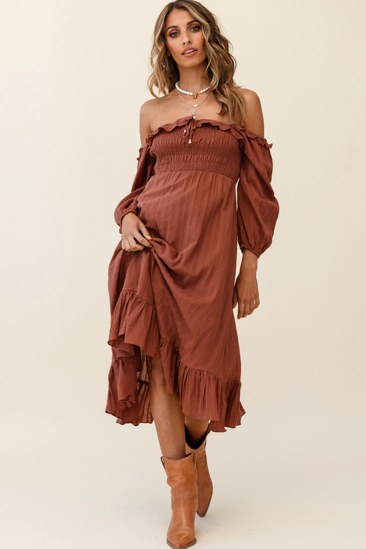 Flynn Off-Shoulder Shirred Bust Midi Dress Tan - Sonourner