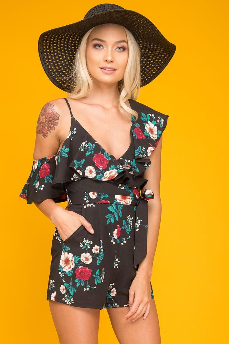 Sadie Floral Ruffled Collar Romper Black Print - Sonourner