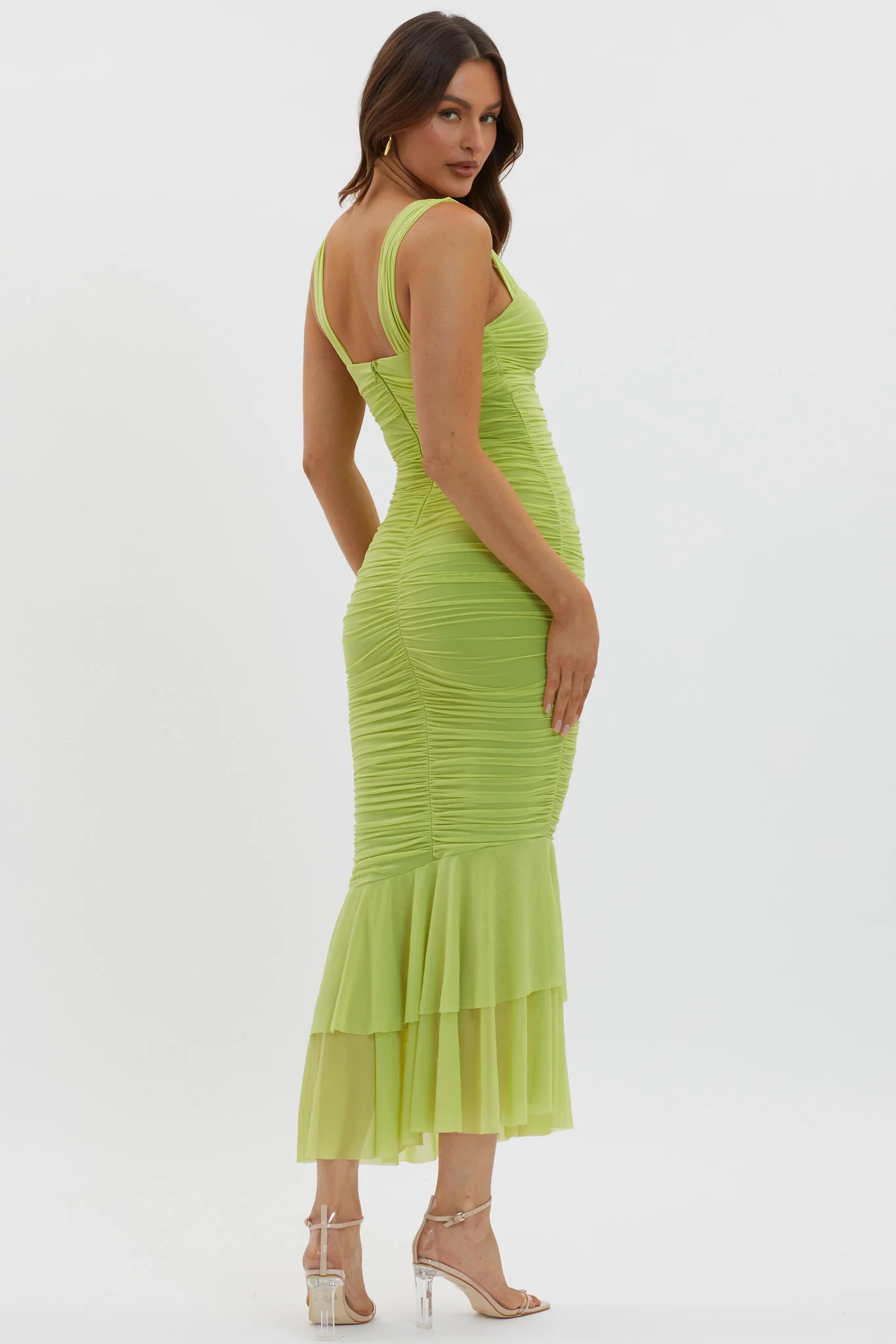 Nadia Ruched Fishtail Maxi Dress Lime - Sonourner