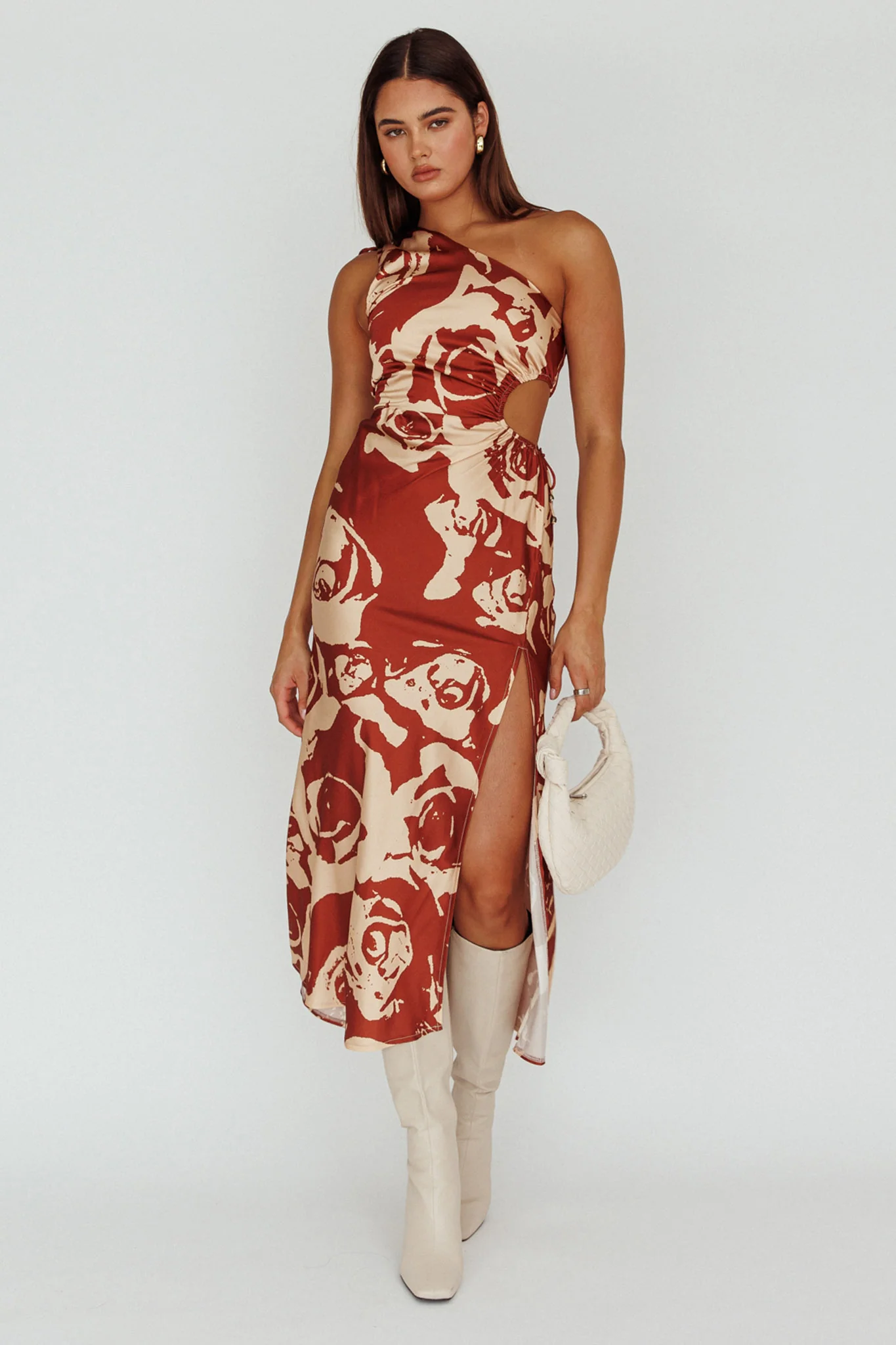 Charisma One-Shoulder Cut-Out Midi Dress Floral Coffee - Sonourner