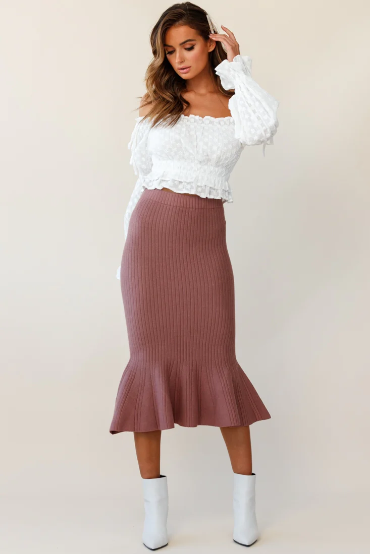 Shalon Ribbed Knit Fluted Hem Midi Skirt Antique Rose - Sonourner