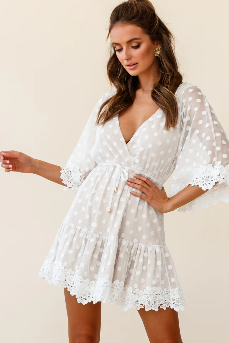 Dream On Flared Sleeve Lace Trim Polka Dot Mesh Dress White - Sonourner