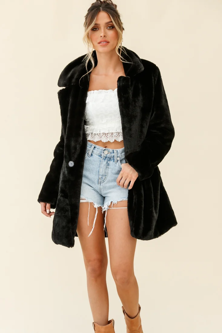 Tahoe Faux Fur Notch Lapel Coat Black - Sonourner