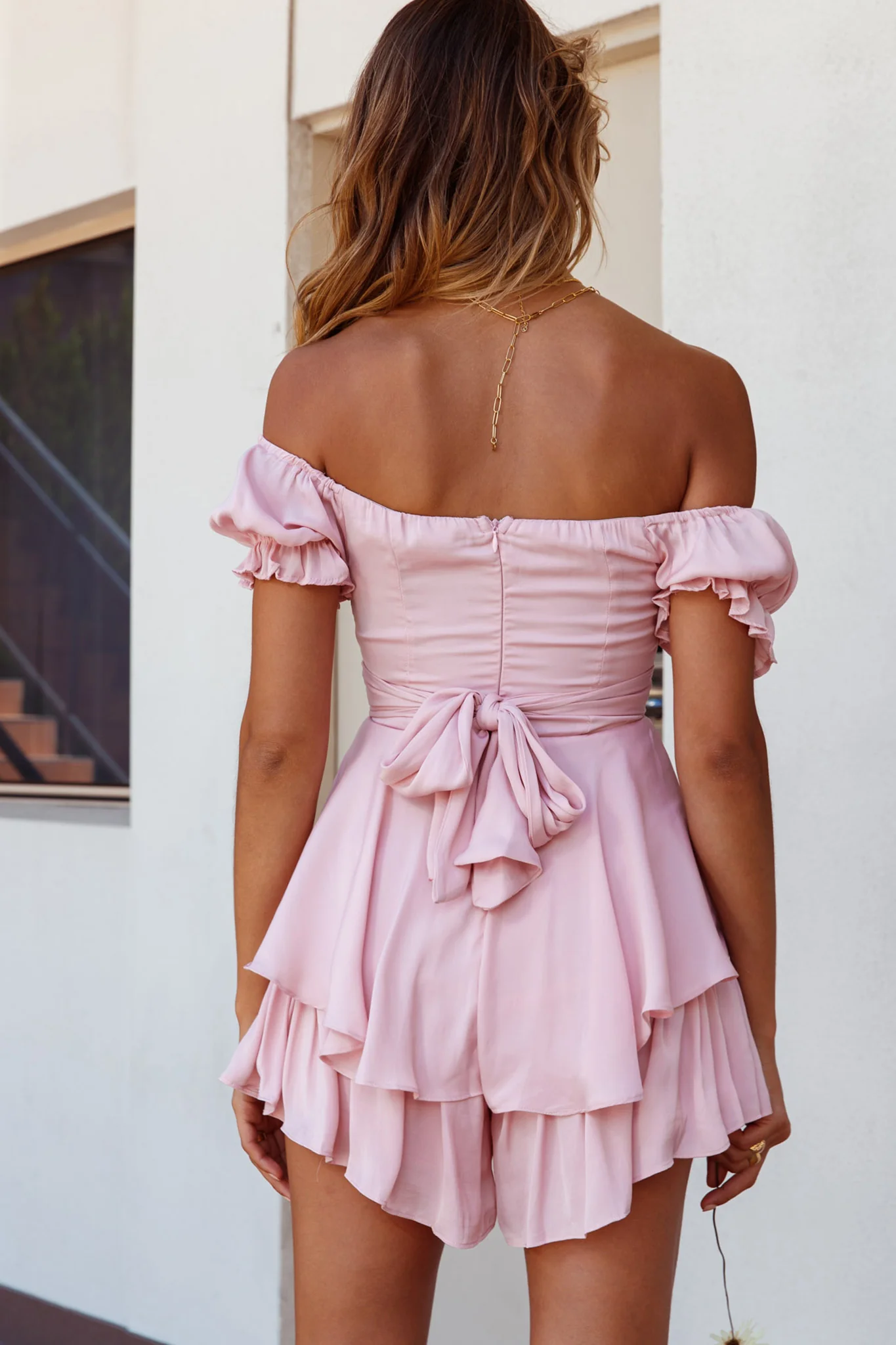 Linka Off-Shoulder Tie Back Romper Blush - Sonourner