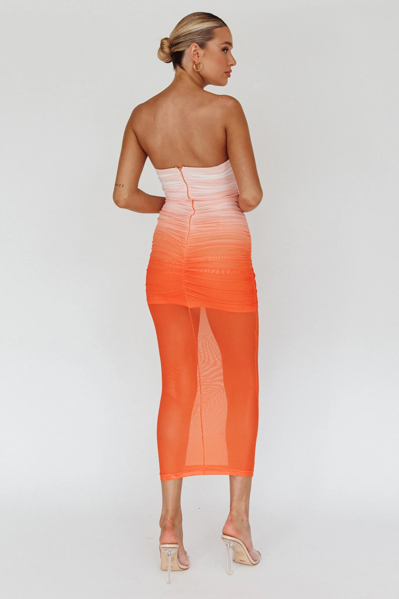 Logan Strapless Ruched Midi Dress Gradient Orange - Sonourner