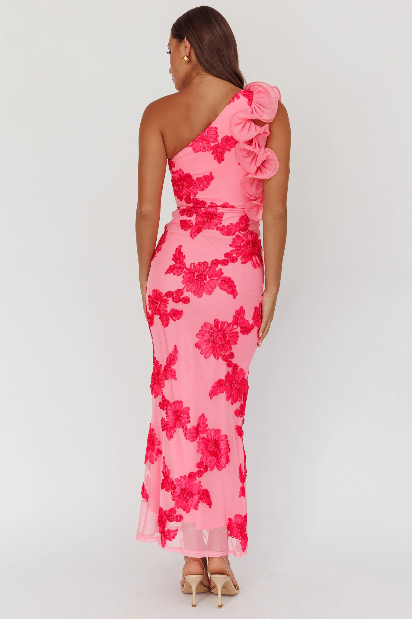 Deanna One-Shoulder Ruffle Maxi Dress Floral Pink - Sonourner
