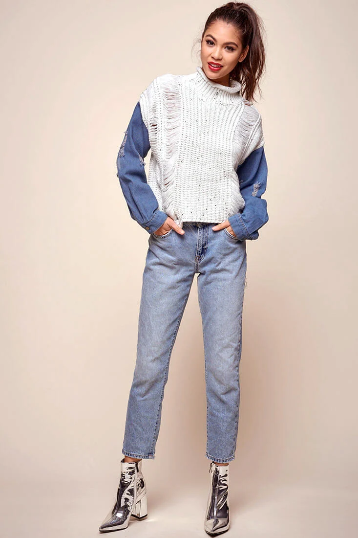 Dawn Denim Sleeved Knit Sweater Marble Blue - Sonourner