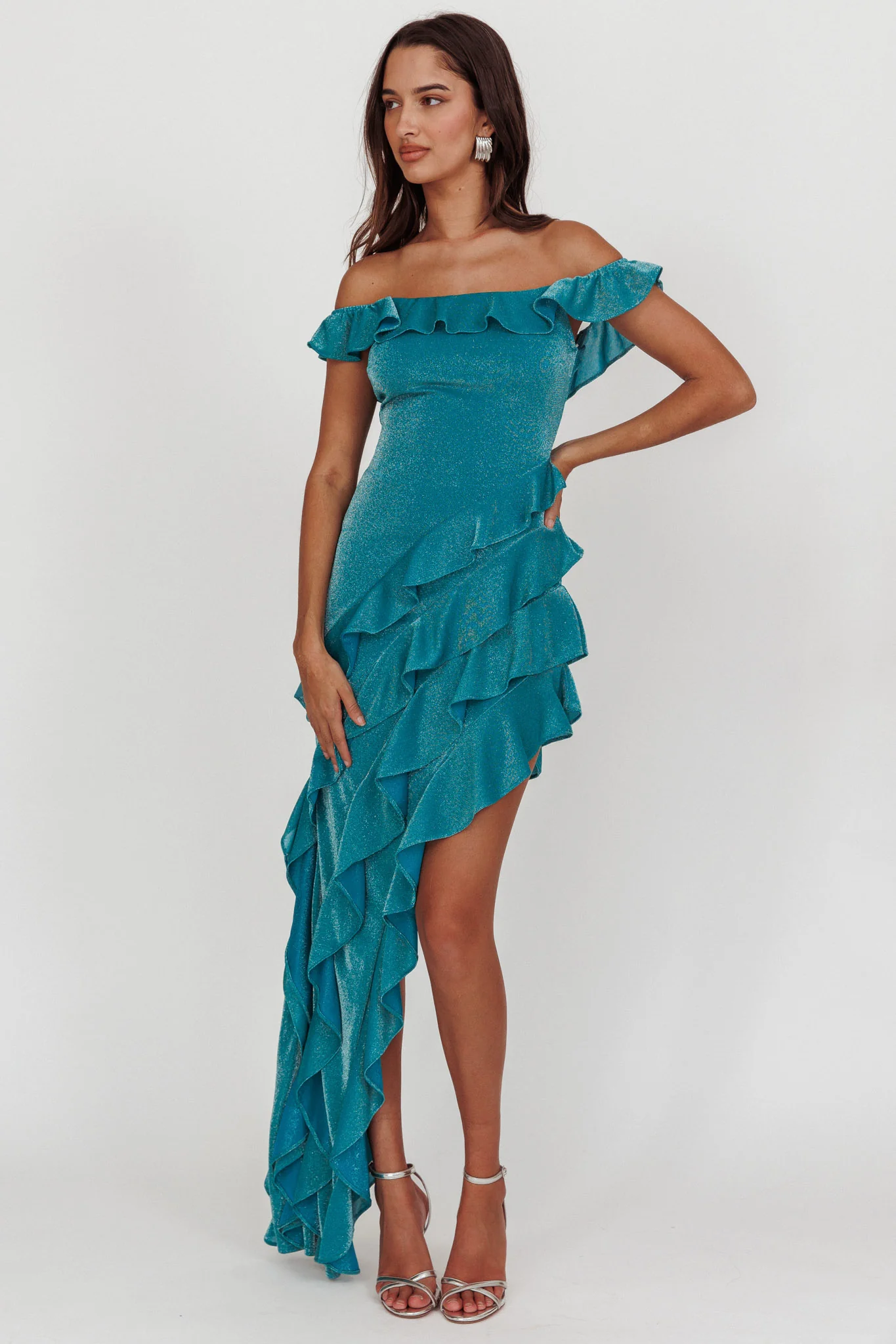 So Into You Off Shoulder Glitter Ruffle Dress Jade - Sonourner