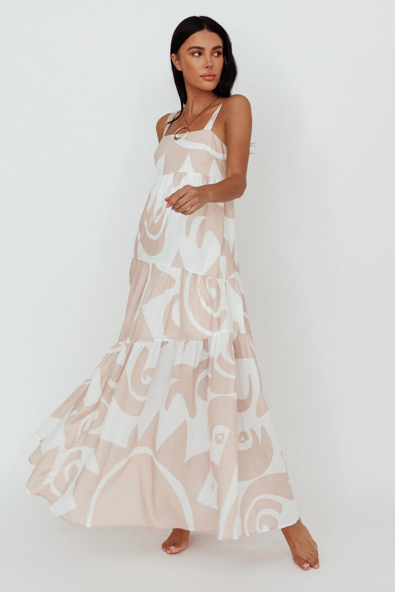 Indianna Square Neckline Maxi Dress Printed Sand/White - Sonourner