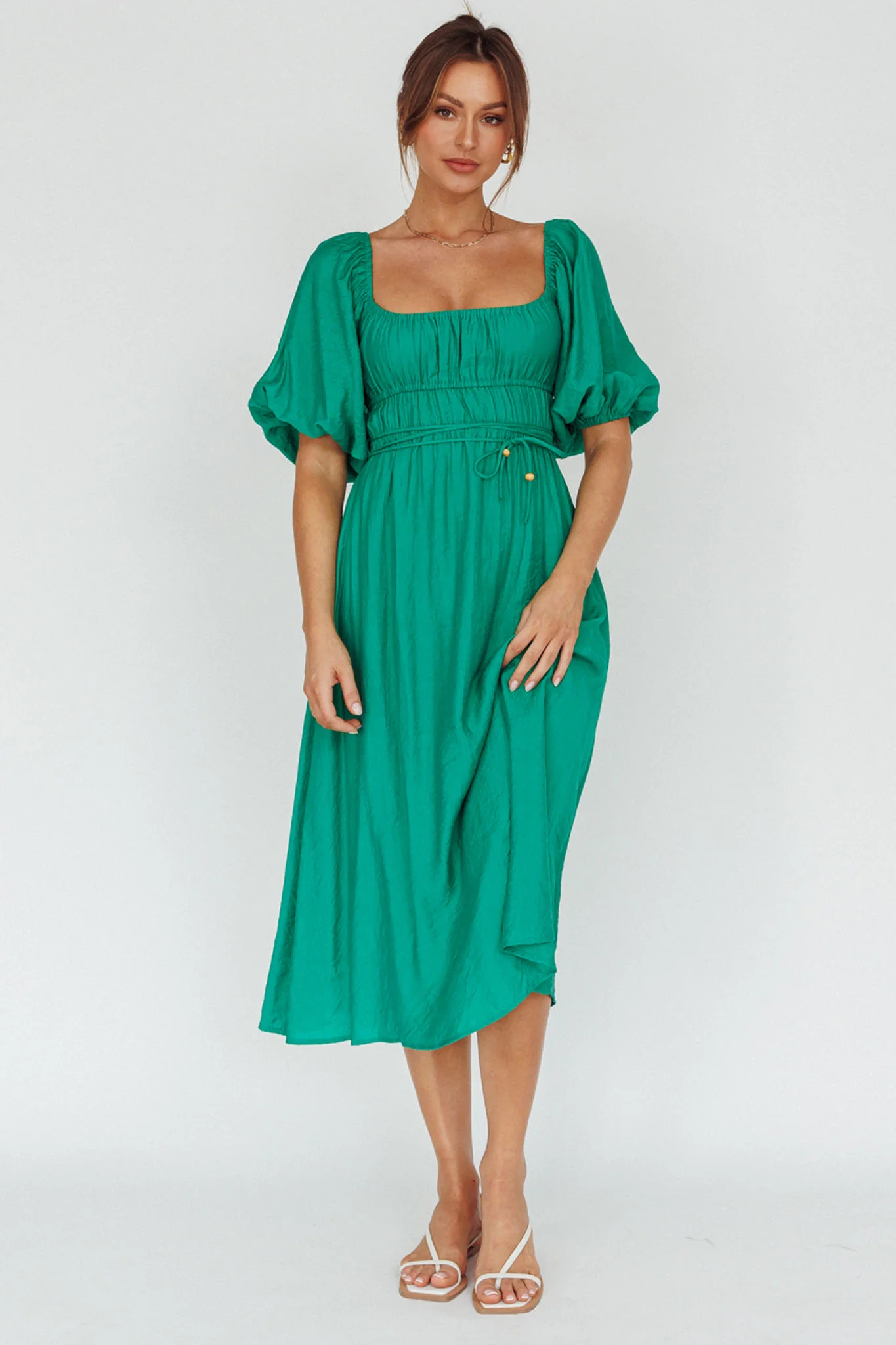 Lille Puff Sleeve Midi Dress Green - Sonourner