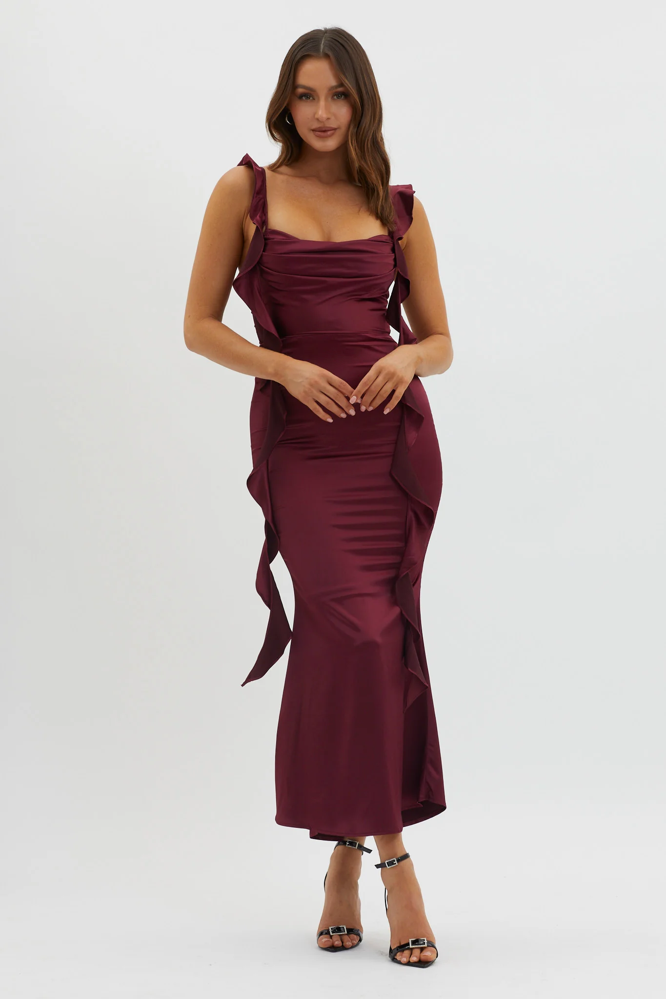 Blushing Ruffle Trim Midi Dress Wine - Sonourner