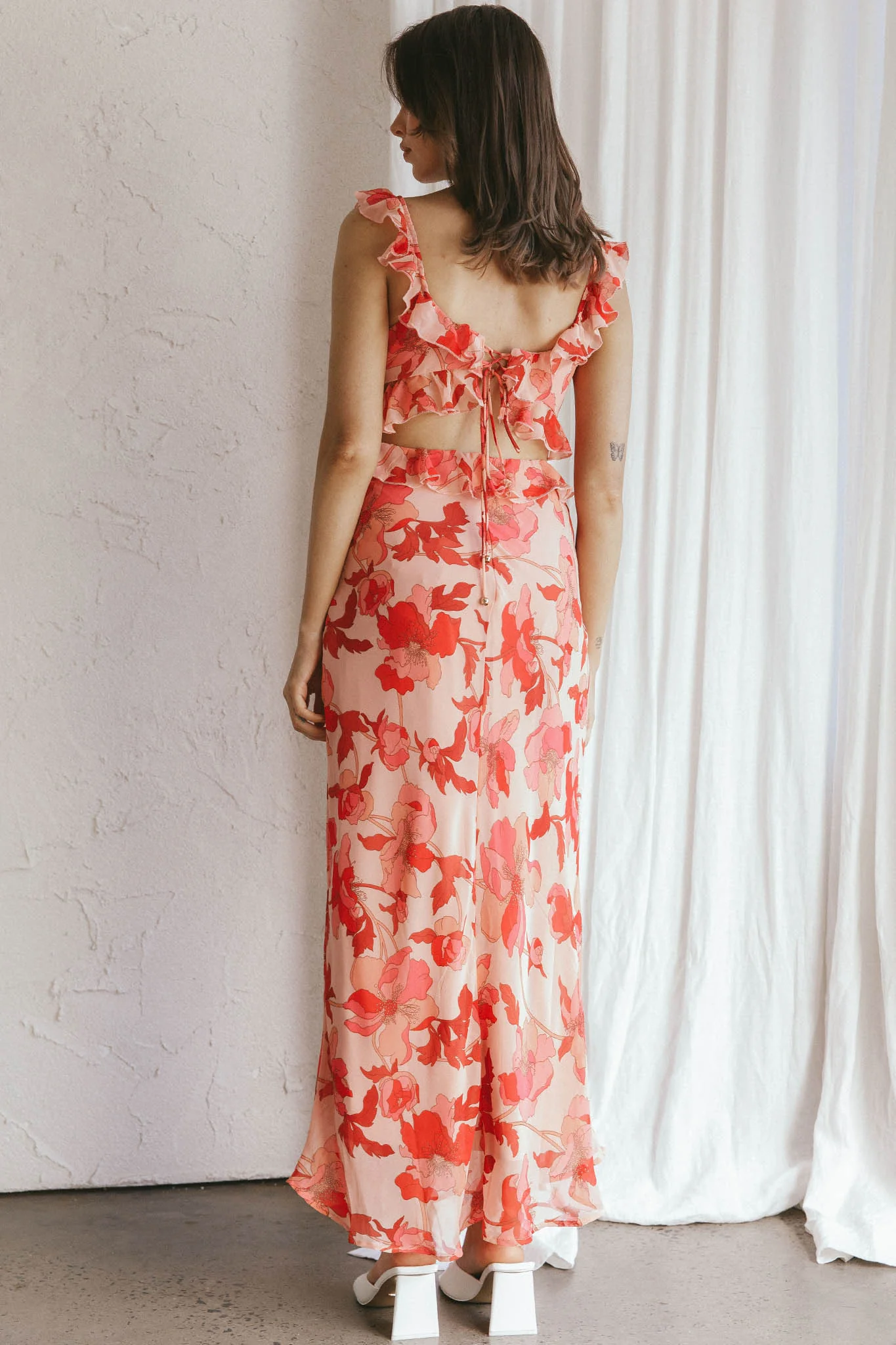 Second Chances Ruffle Trim Midi Dress Floral Pink - Sonourner