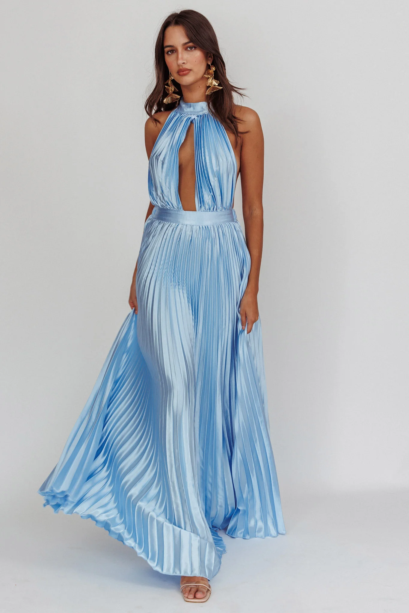 Monarch Pleated Satin Maxi Dress Light Blue - Sonourner