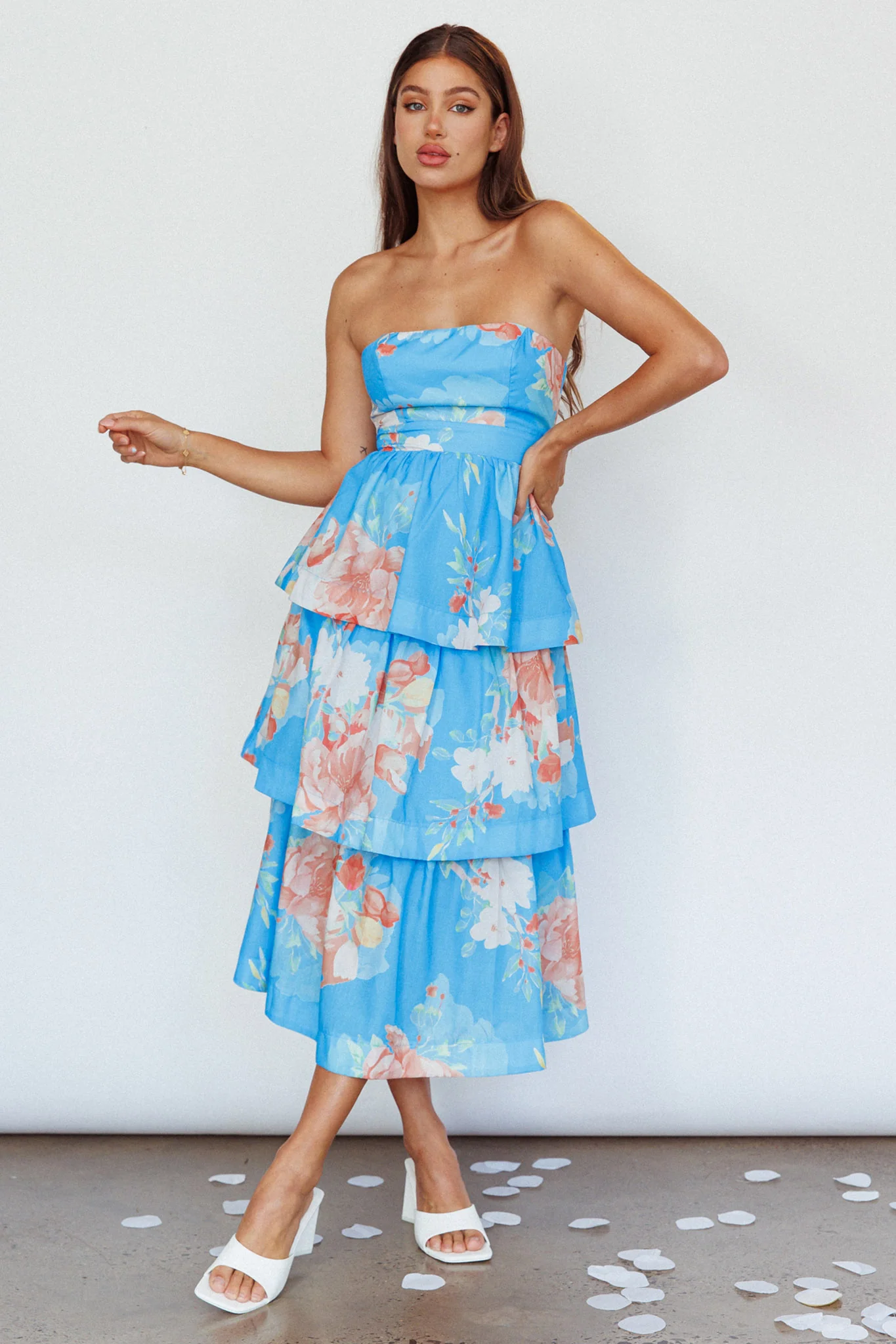 Outshine Strapless Tiered Midi Dress Floral Blue - Sonourner