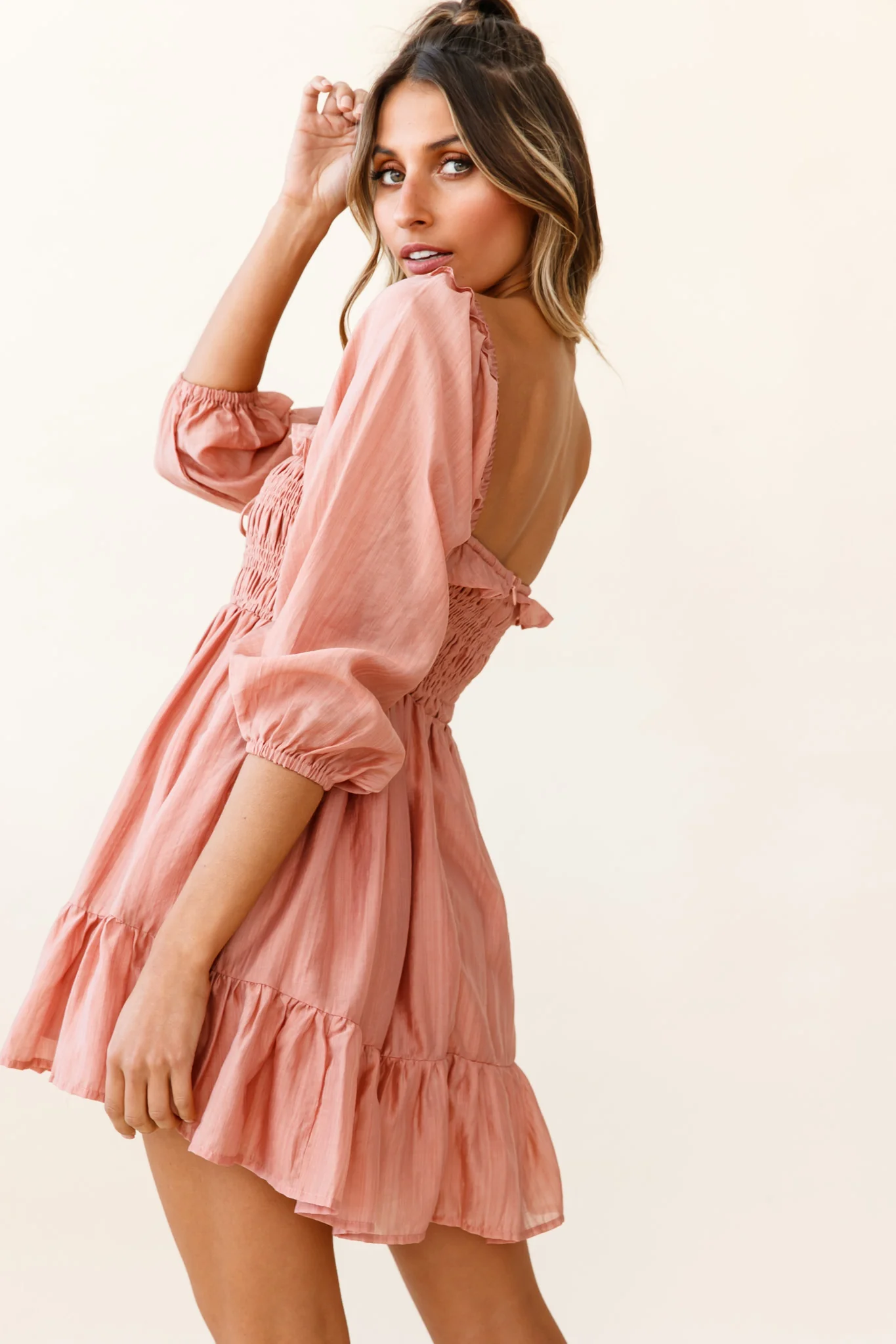 Flynn Balloon Sleeve Shirred Bust Mini Dress Mocha - Sonourner