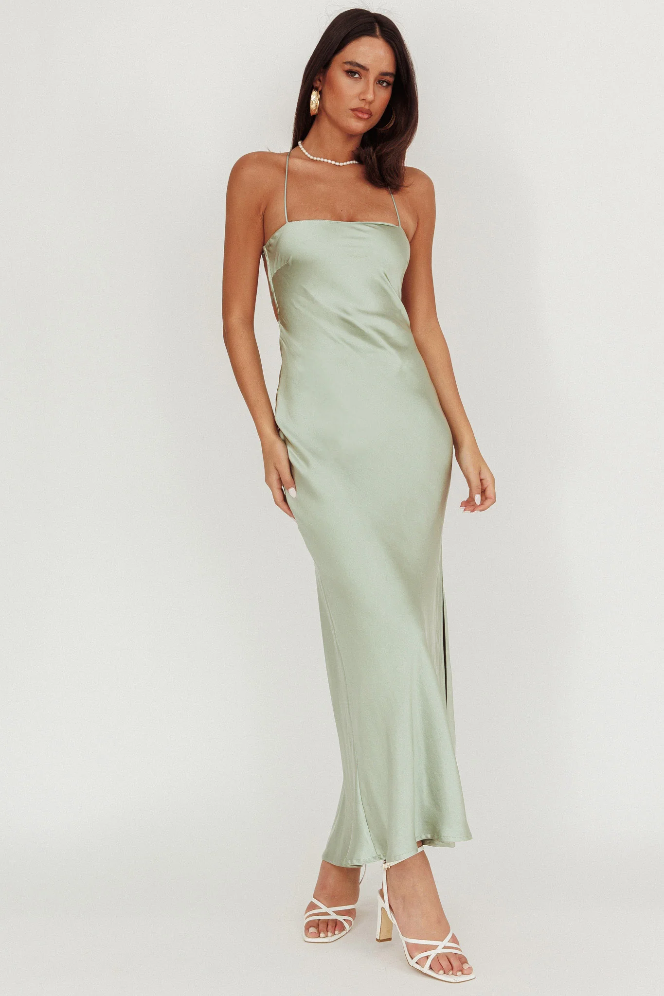Dolce Life Backless Satin Maxi Dress Sage - Sonourner