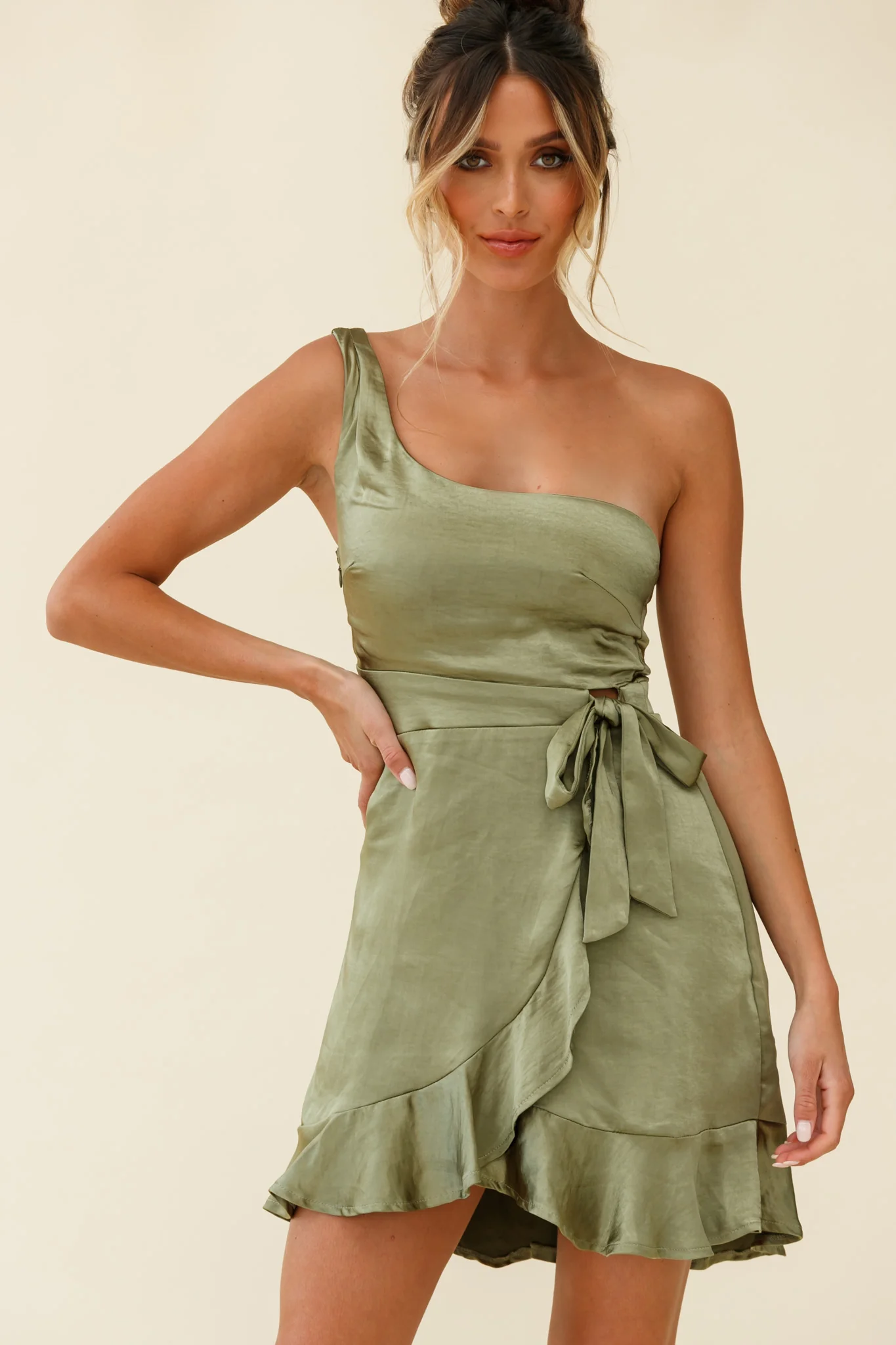Waiting For Tonight One Shoulder Faux Wrap Dress Olive - Sonourner