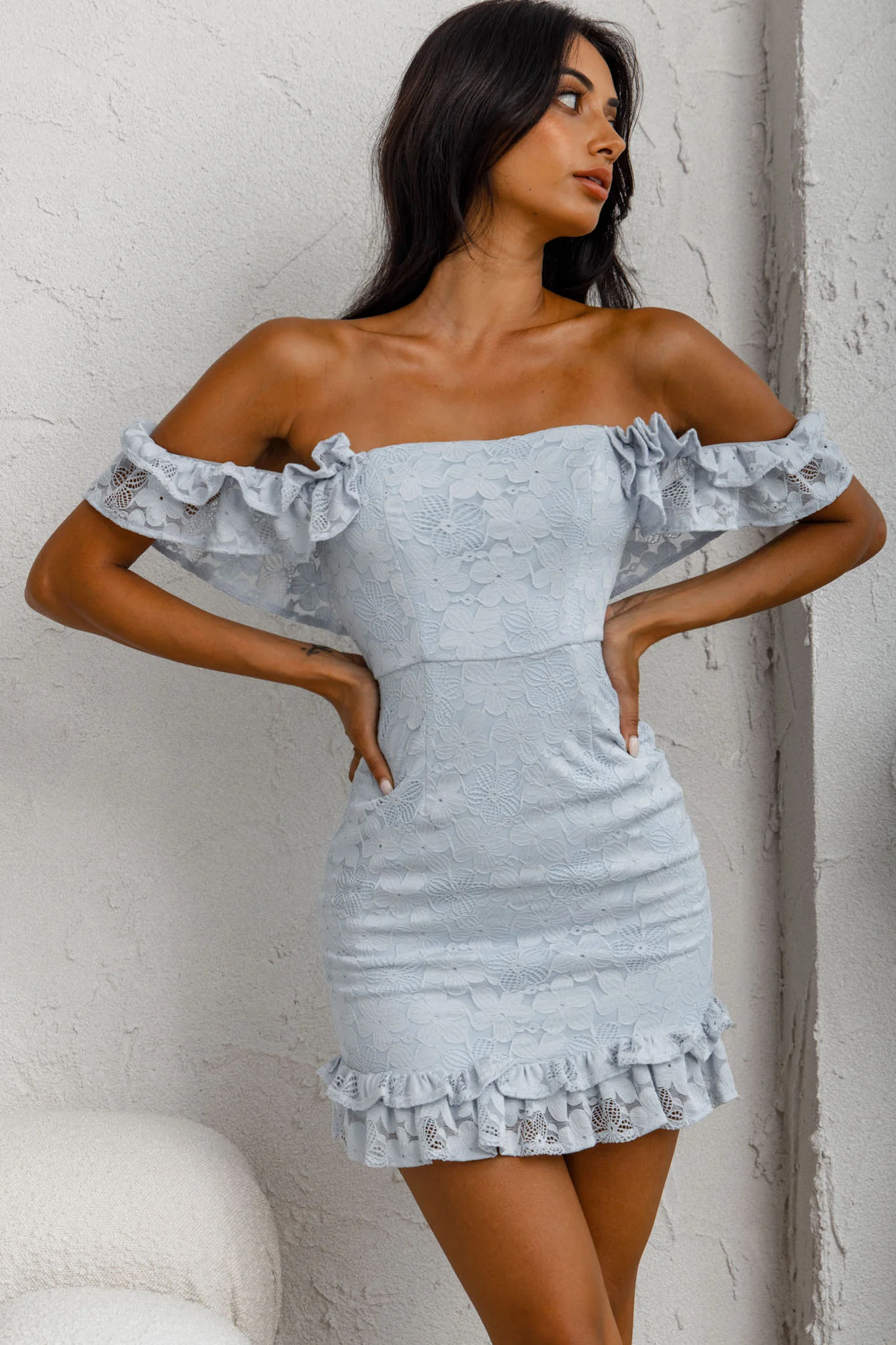 Verona Off-Shoulder Lace Overlay Mini Dress Blue - Sonourner