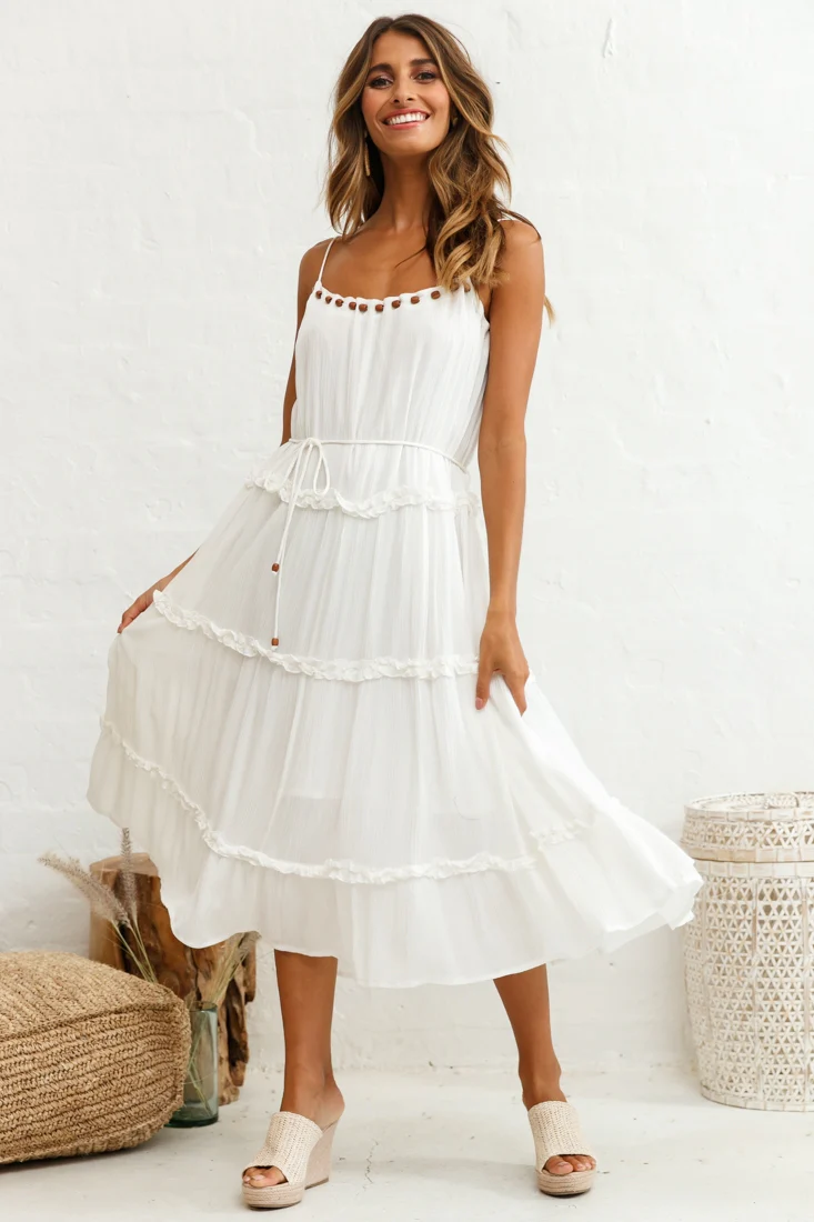 Daybreak Frill Trim Wooden Bead Midi Dress White - Sonourner